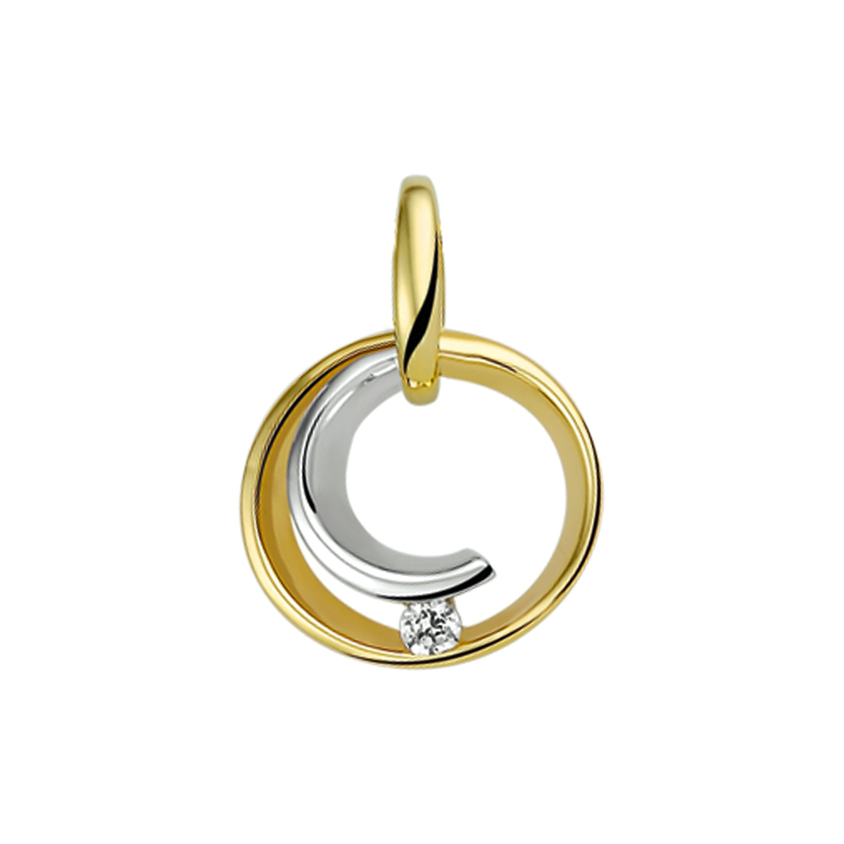 Beschrijving: Bicolor wit- en geelgouden hanger met zirkonia. 
Verpakt per: 1
Doelgroep: dames
Breedte: 13.5 mm
Zetting: solitaire (span zetting)