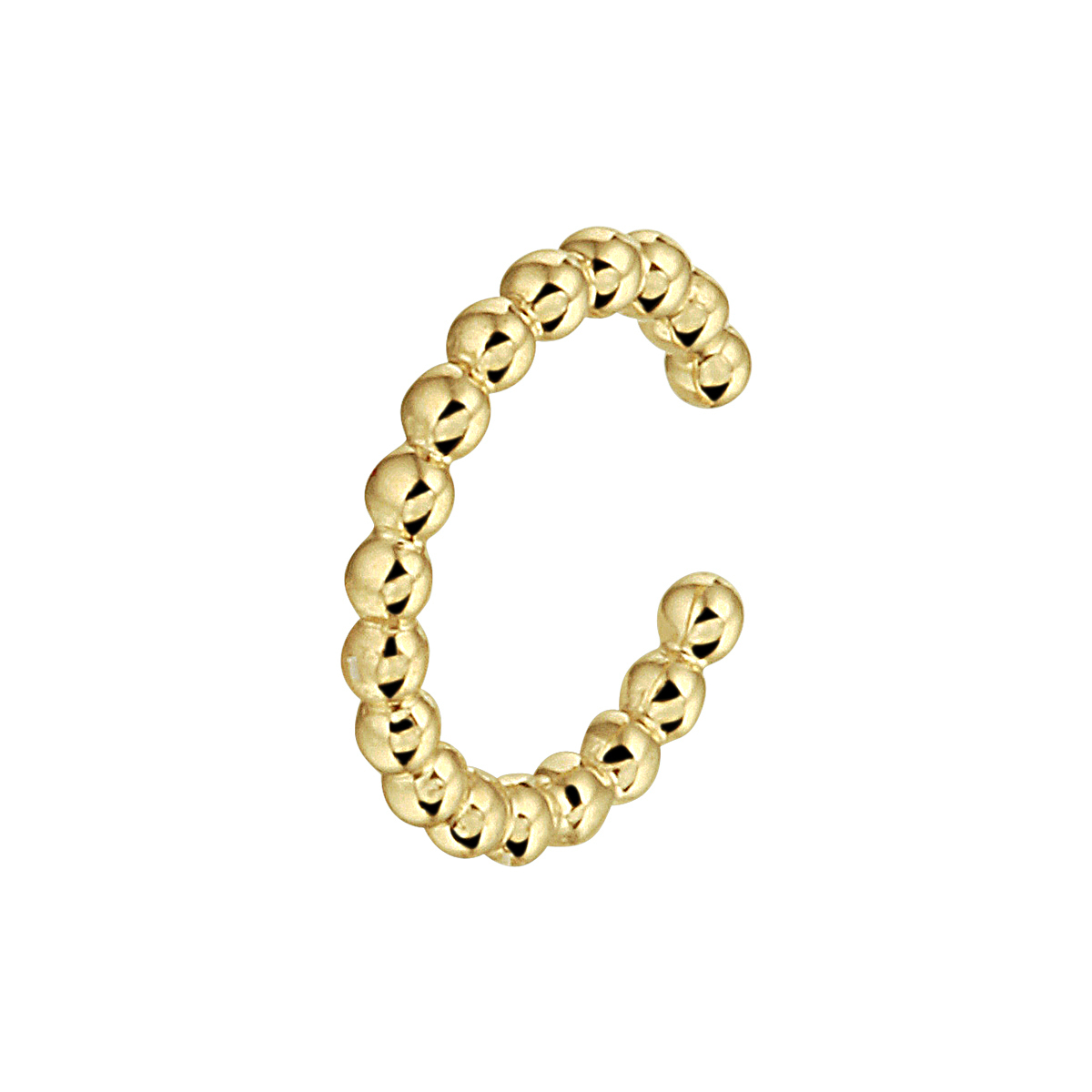 14k Geelgouden earcuff uitgevoerd met bolletjes. De earcuff heeft een diameter van 10.5mm en wordt per stuk verkocht.