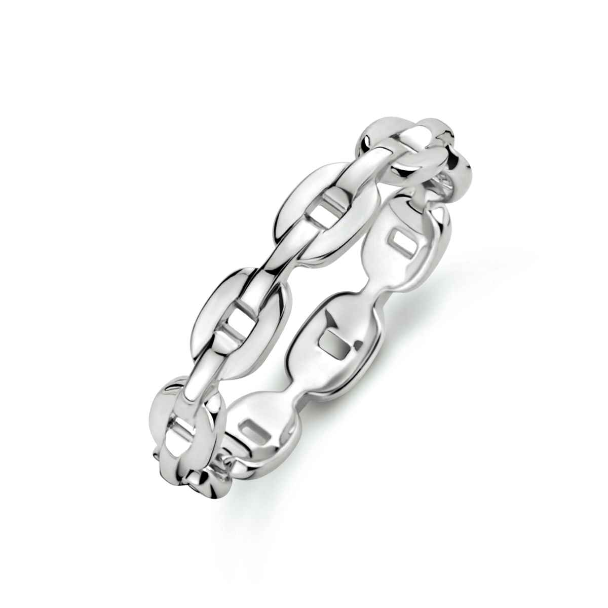 Gerhodineerd 925 zilveren ring uitgevoerd met een schakelmotief. De ring heeft een breedte van 3.5 mm.