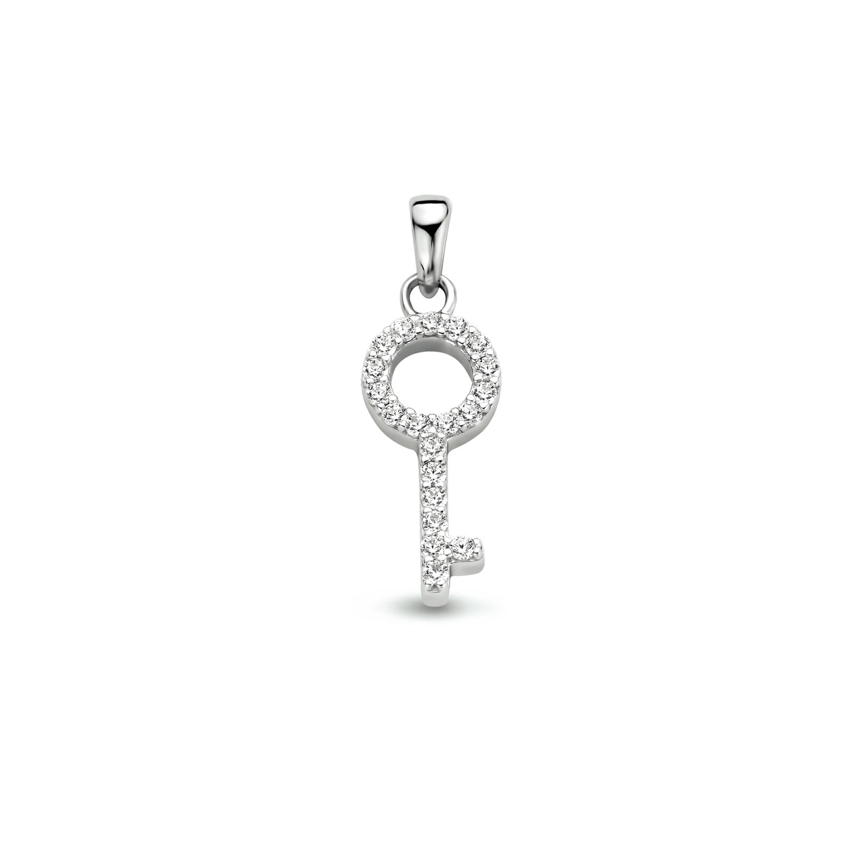 Gerhodineerd 925 zilveren hanger uitgevoerd in de vorm van een sleutel en met een schitterende zirkonia rij. De hanger heeft een totale hoogte van 2.5cm en een breedte van 8.5mm.