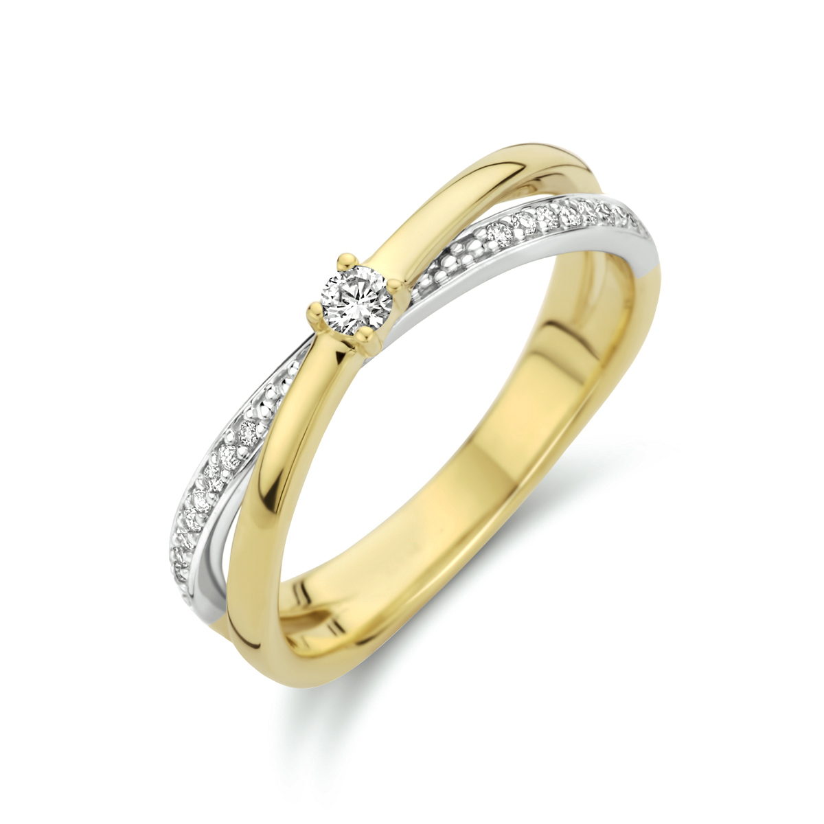 14k Bicolor geel- en witgouden ring uitgevoerd met schitterend diamant. De ring heeft een breedte van 5mm. De centersteen heeft een steengewicht van 0.06ct.
