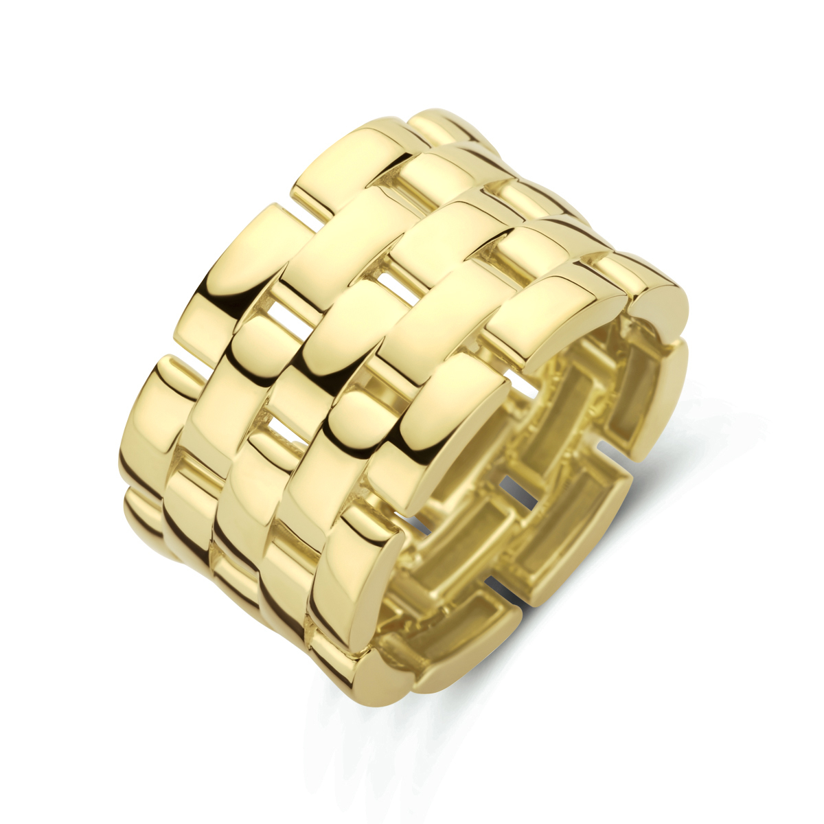 14k Geelgouden ring uitgevoerd in schakelvorm. De ring heeft een breedte van 12mm.