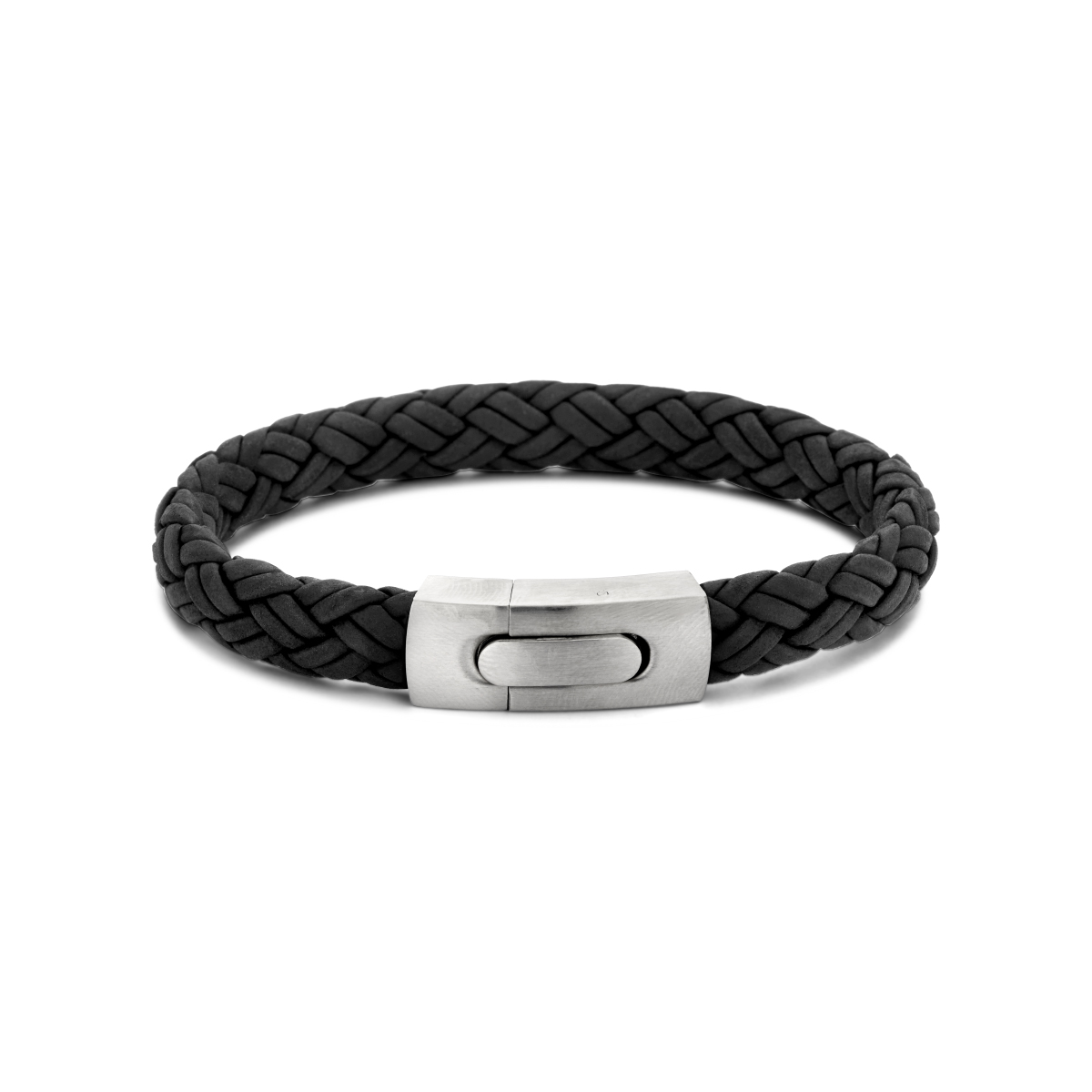 Stalen zwart leren armband. De armband heeft een breedte van 10mm.