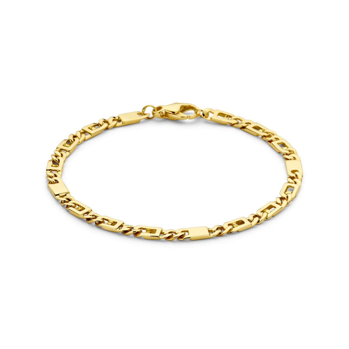 14k Geelgouden armband met een schakelbreedte van 4.7mm en draaglengte van 21cm. Uitgevoerd met karabijnsluiting.