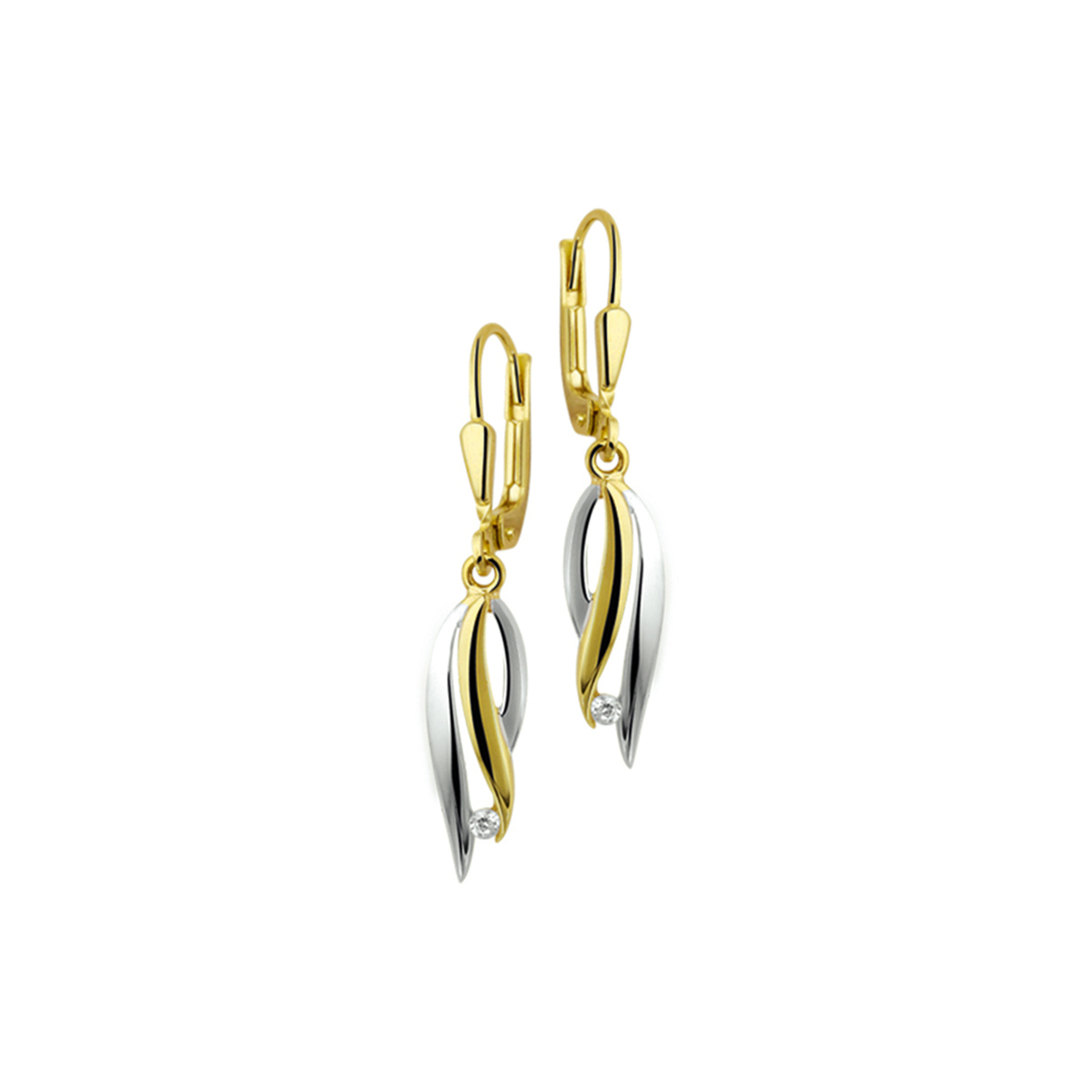 Chique bicolor geel en witgoud gestifte oorhangers met een totale lengte van 32mm en hanger van 19.5x6mm uitgevoerd met een luxe briljant geslepen zirkonia. De oorhangers hebben een kunstig design en zullen zeker schitteren 

Breedte: 6 mm
Hoogte: 32 mm