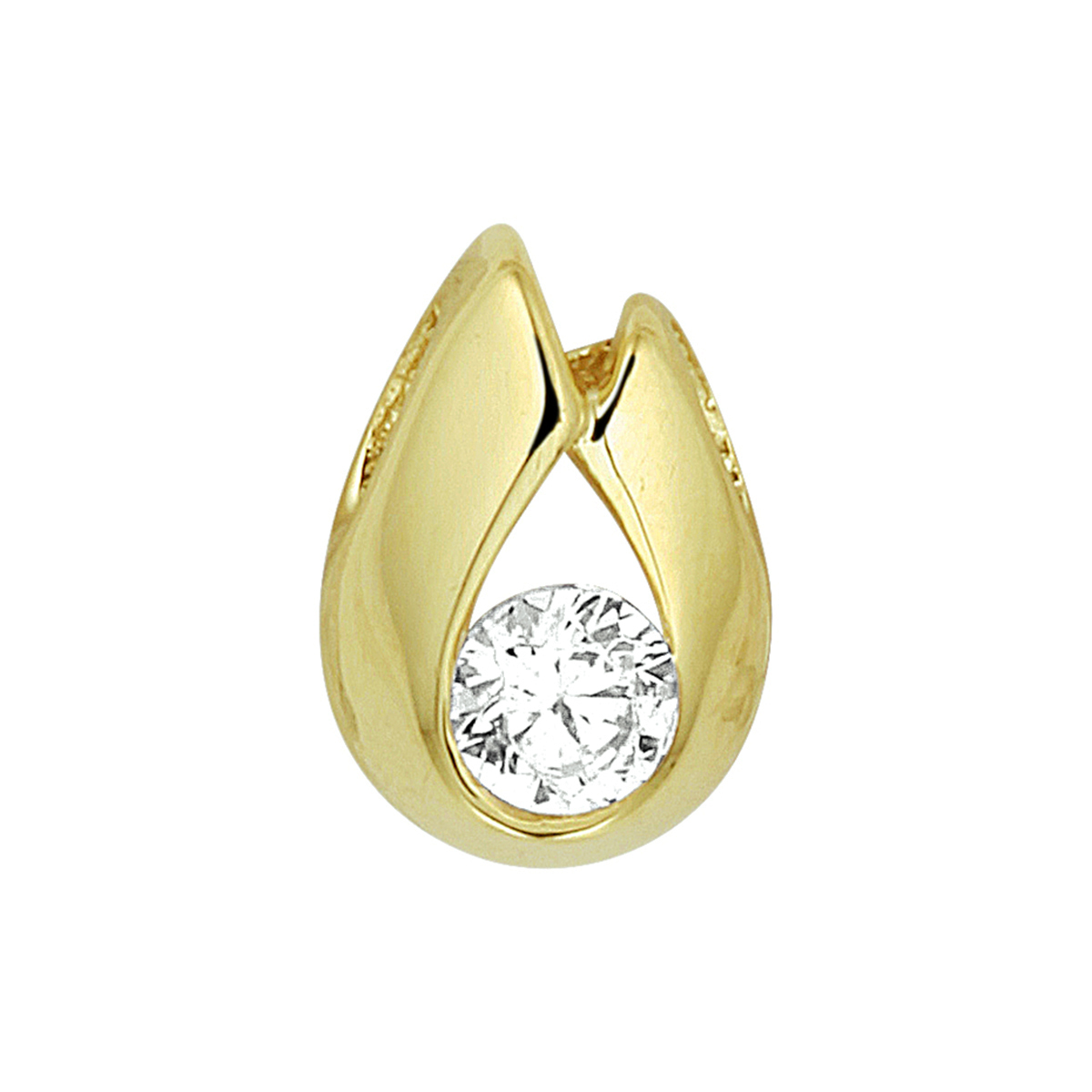 Stijlvolle geelgouden hanger uitgevoerd met zirkonia en met een afmeting van 9.5x6.5mm. De hanger is goed te combineren met identiek gevormde sieraden uit onze collectie waarmee je een chique set kunt maken.