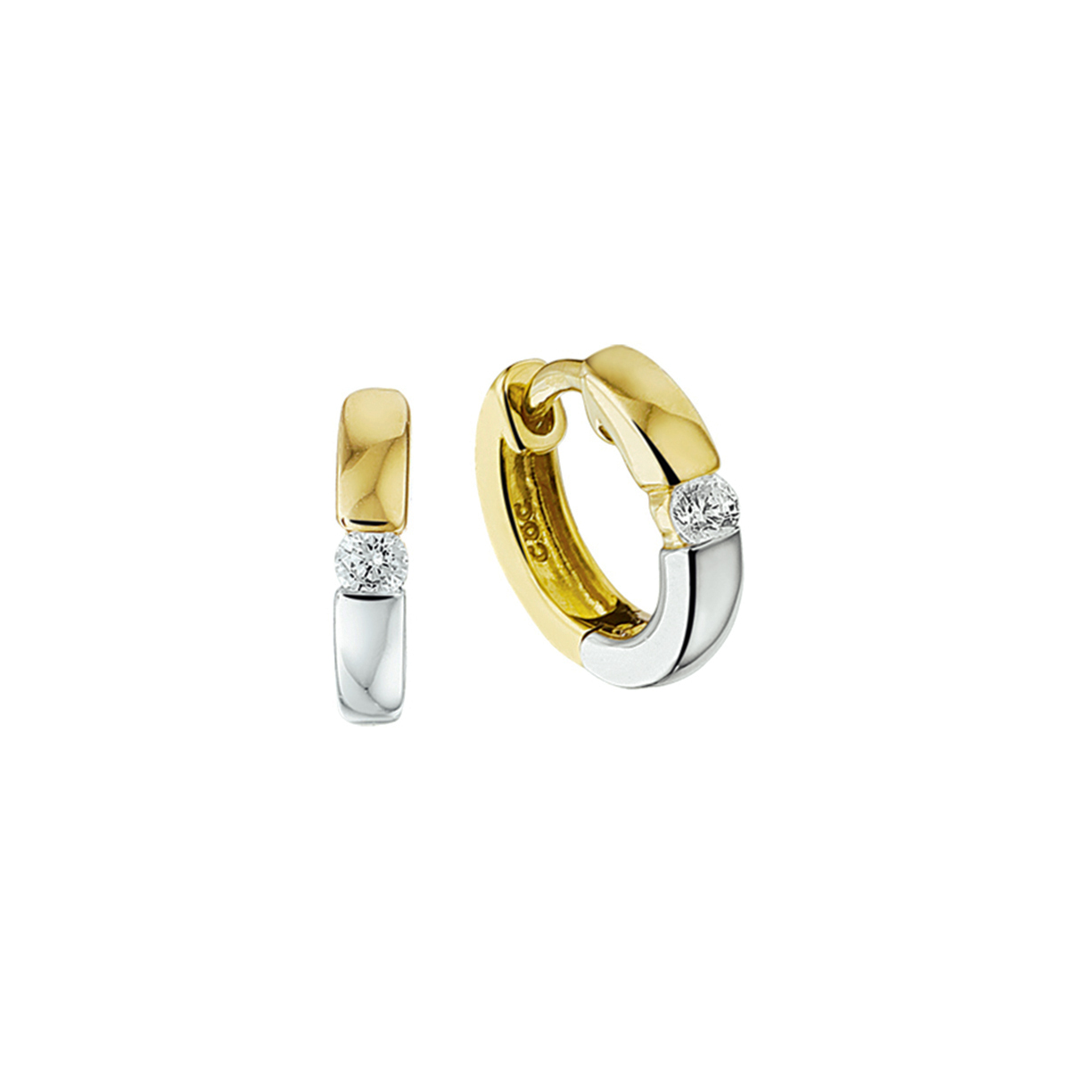 Bicolor wit- en geelgouden klapcreolen met zirkonia. 
Doelgroep: dames
Breedte: 3 mm
Zetting: solitaire (span zetting)