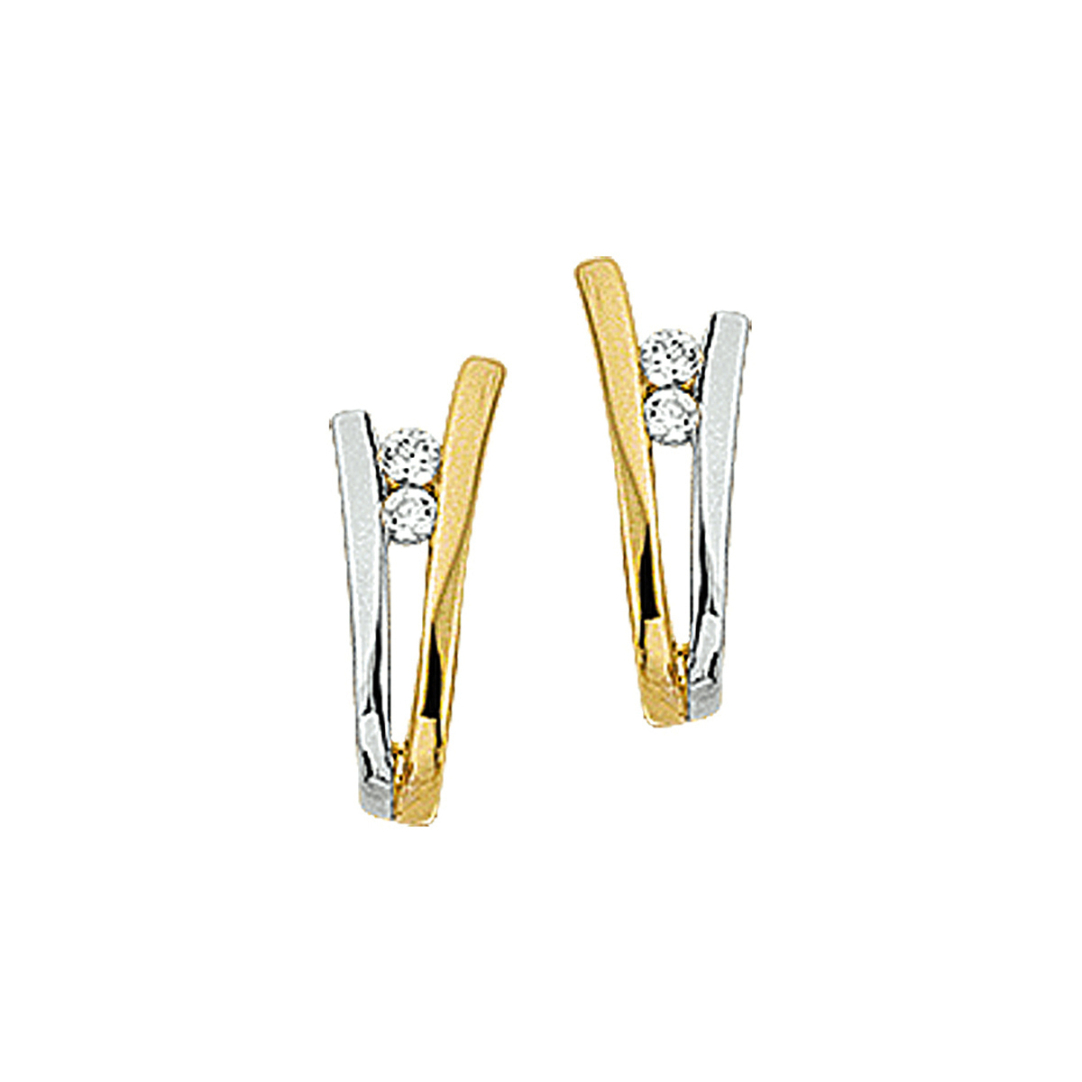 Bicolor 14kt. gouden oorstekers met zirconia's in lichtgebogen model zodat de oorstekers mooi om de oorlel buigen