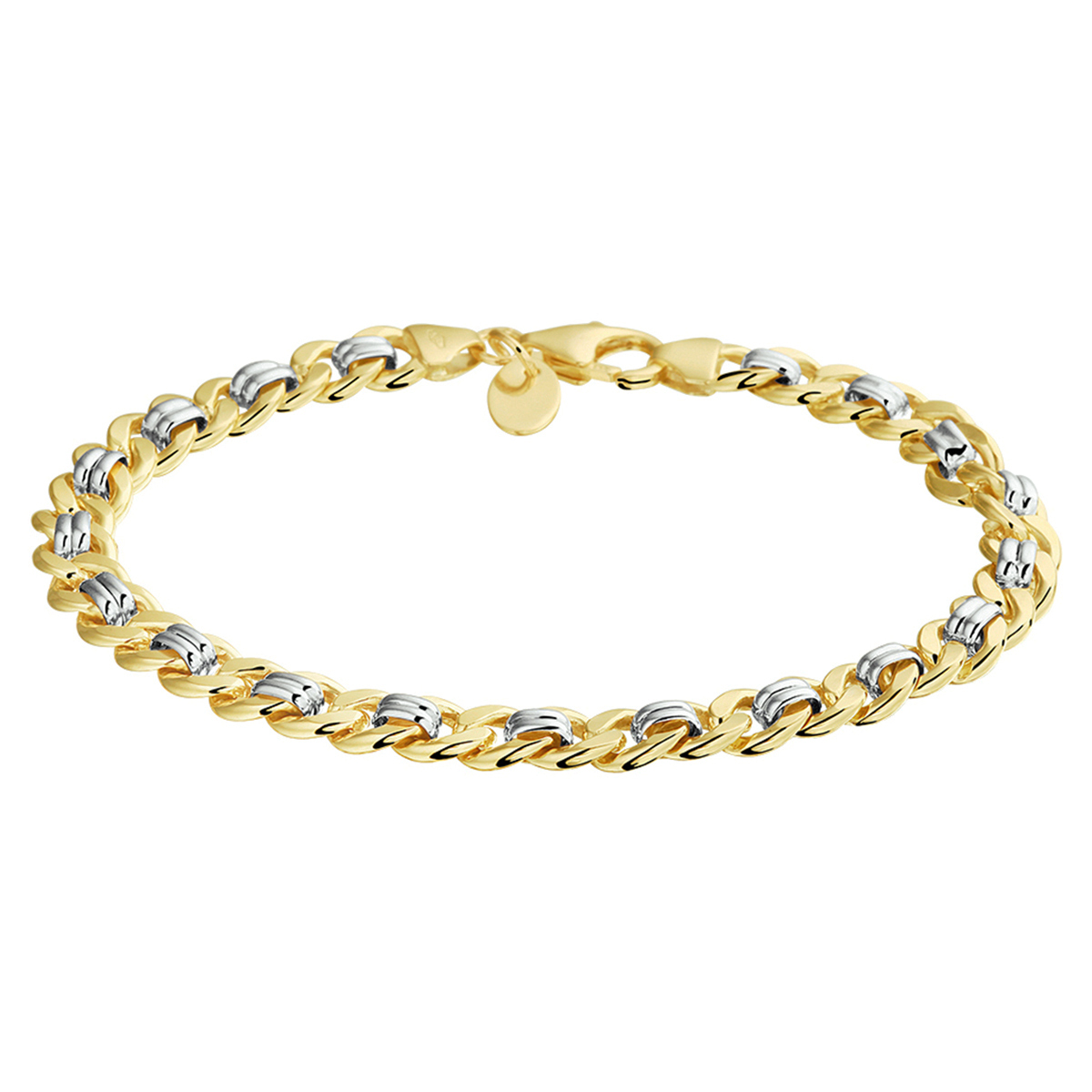 Sieraden van 14 karaat goud met daarin een kern van 925 zilver. Bicolor wit- en geelgouden armband met gourmette schakel. De schakelbreedte is 6.2mm.