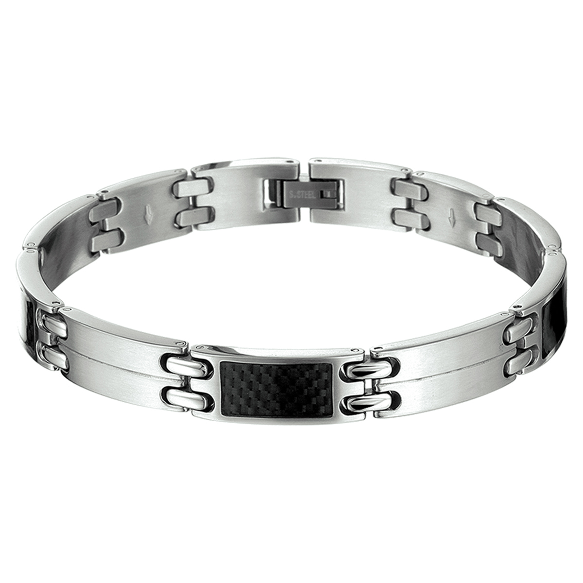 Beschrijving: De moderne man weet dat sieraden allang niet meer alleen voor vrouwen zijn! Draag jouw set casual met een spijkerbroek of met een knipoog bij een wat meer zakelijke look. Details: Stalen armband met zwart carbon. De armband is onderdeel van een set. 
Verpakt per: 1
Doelgroep: heren
Breedte: 9 mm
Langste lengte: 22 mm