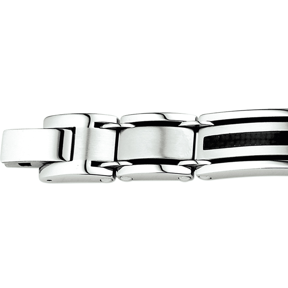  Stalen armband met carbon. 
Doelgroep: heren
Breedte: 12 mm
Langste lengte: 21 mm
