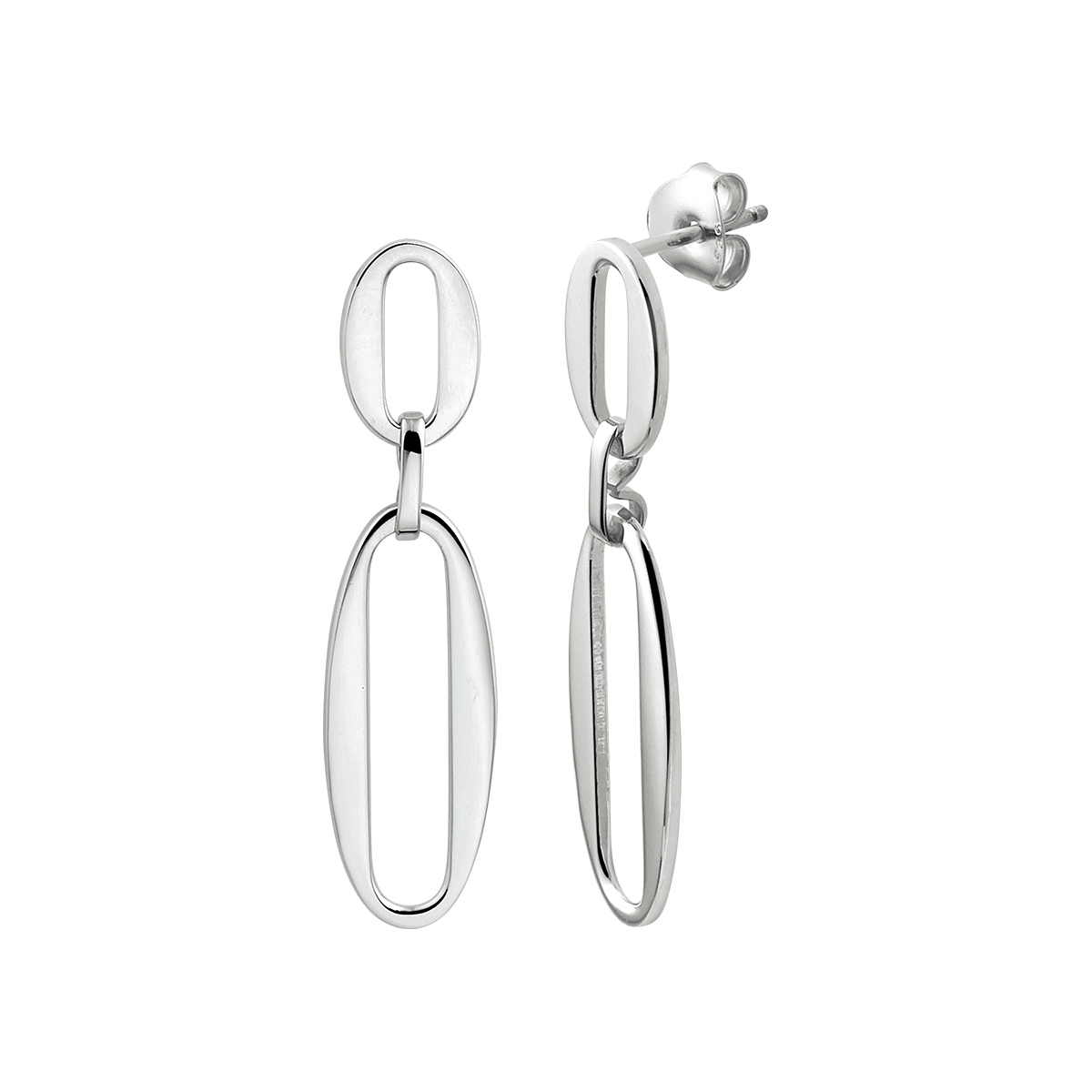 Gerhodineerd 925 zilveren oorhangers uitgevoerd in schakelvorm. De oorhangers hebben een totale hoogte van 3.7cm en een breedte van 10mm.
