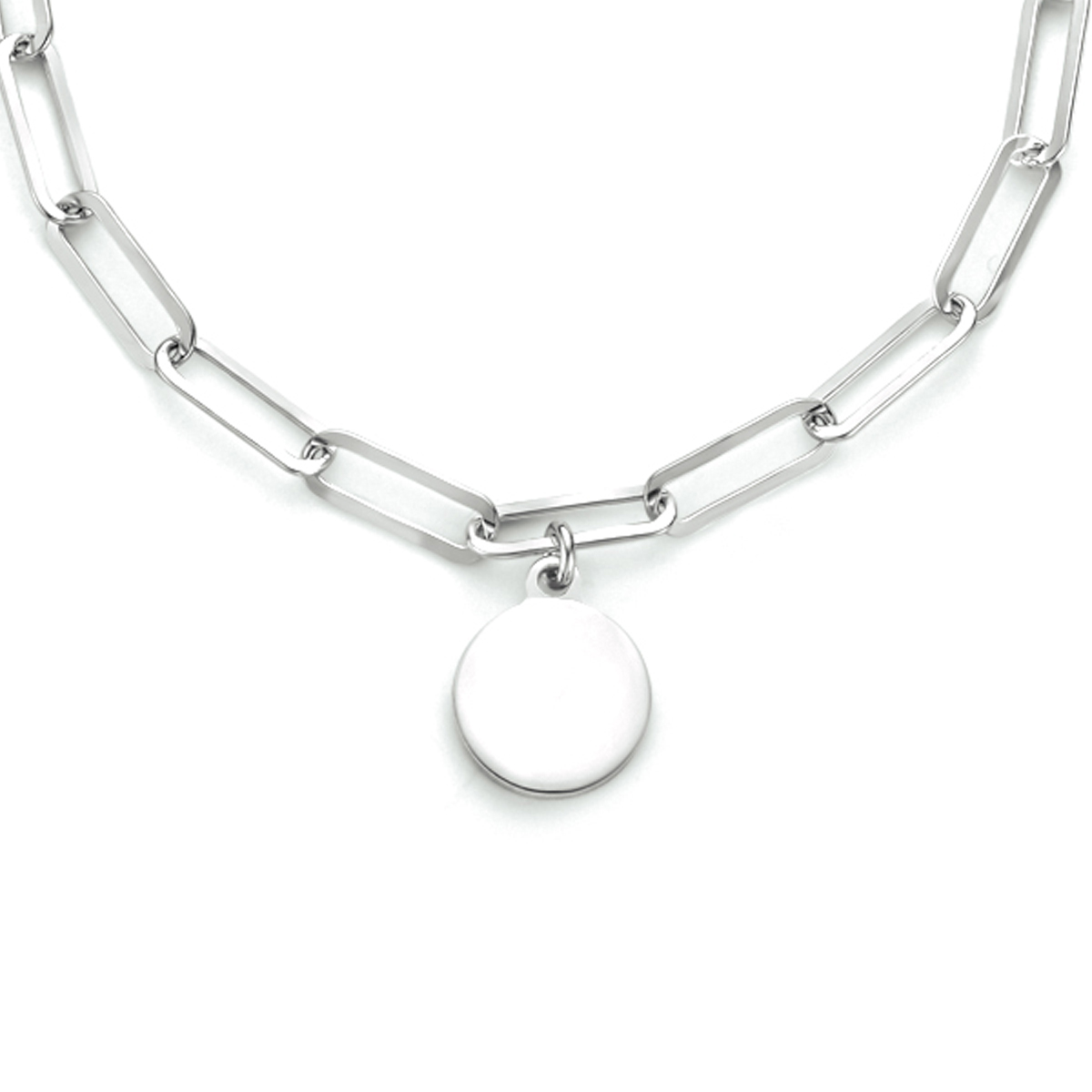 40-44cm Zilveren Collier met Rond Plaatje aan Paperclipschakels Gerhodineerd