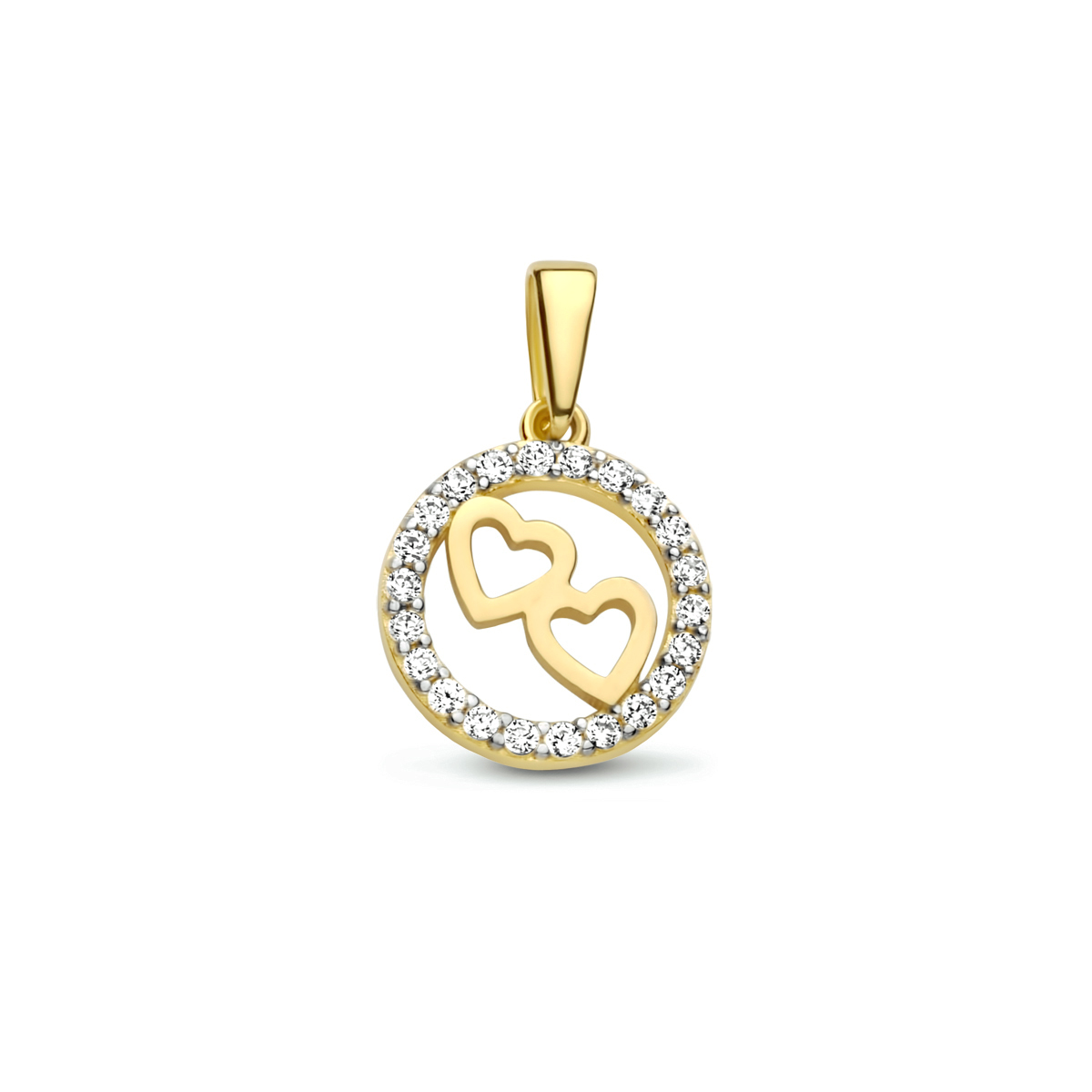14k Geelgouden hanger uitgevoerd met hartjes en een schitterende zirkonia rij. De hanger heeft een totale hoogte van 1.7cm en een diameter van 11mm.