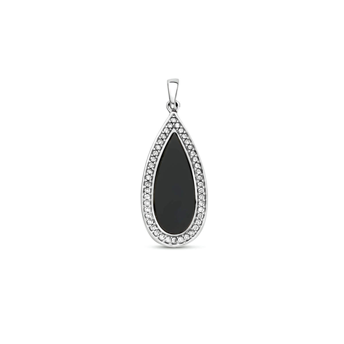 Gerhodineerd 925 zilveren hanger uitgevoerd met een schitterende onyx en zirkonia rij. De hanger heeft een totale hoogte van 3.2cm en een breedte van 12mm.