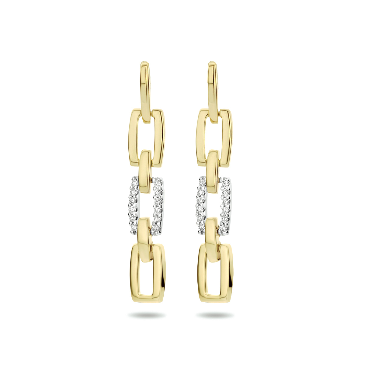 14k Bicolor geel- en witgouden oorhangers uitgevoerd met een schitterende diamant rij. De oorhangers hebben een afmeting van 30x5mm.