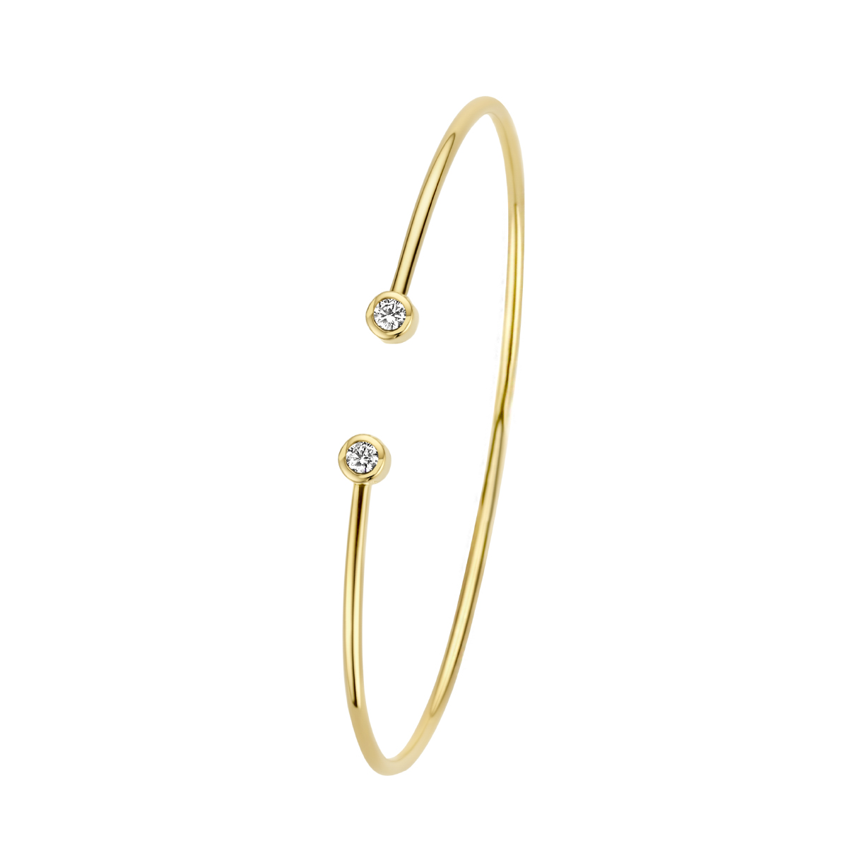 14kt. Geelgouden armband spang uitgevoerd met schitterende diamanten. De spang heeft een binnendiameter van 55mm.