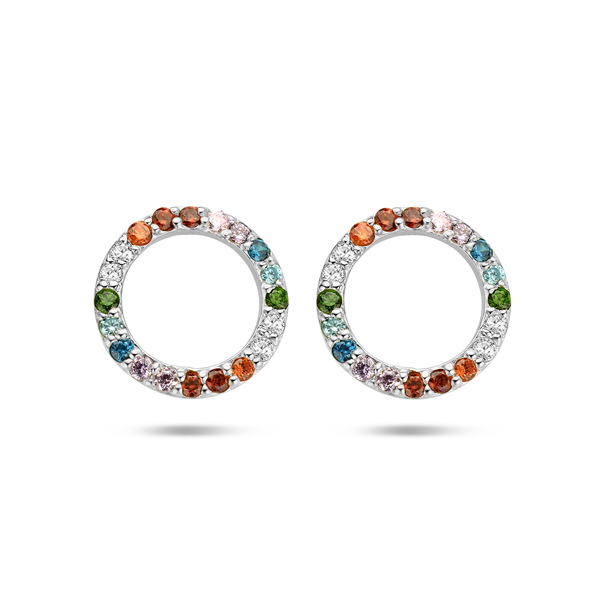 Gerhodineerd 925 zilveren oorknoppen in de vorm van een rondje. Uitgevoerd met een gekleurde zirkonia rij. De oorknoppen hebben een diameter van 10mm.