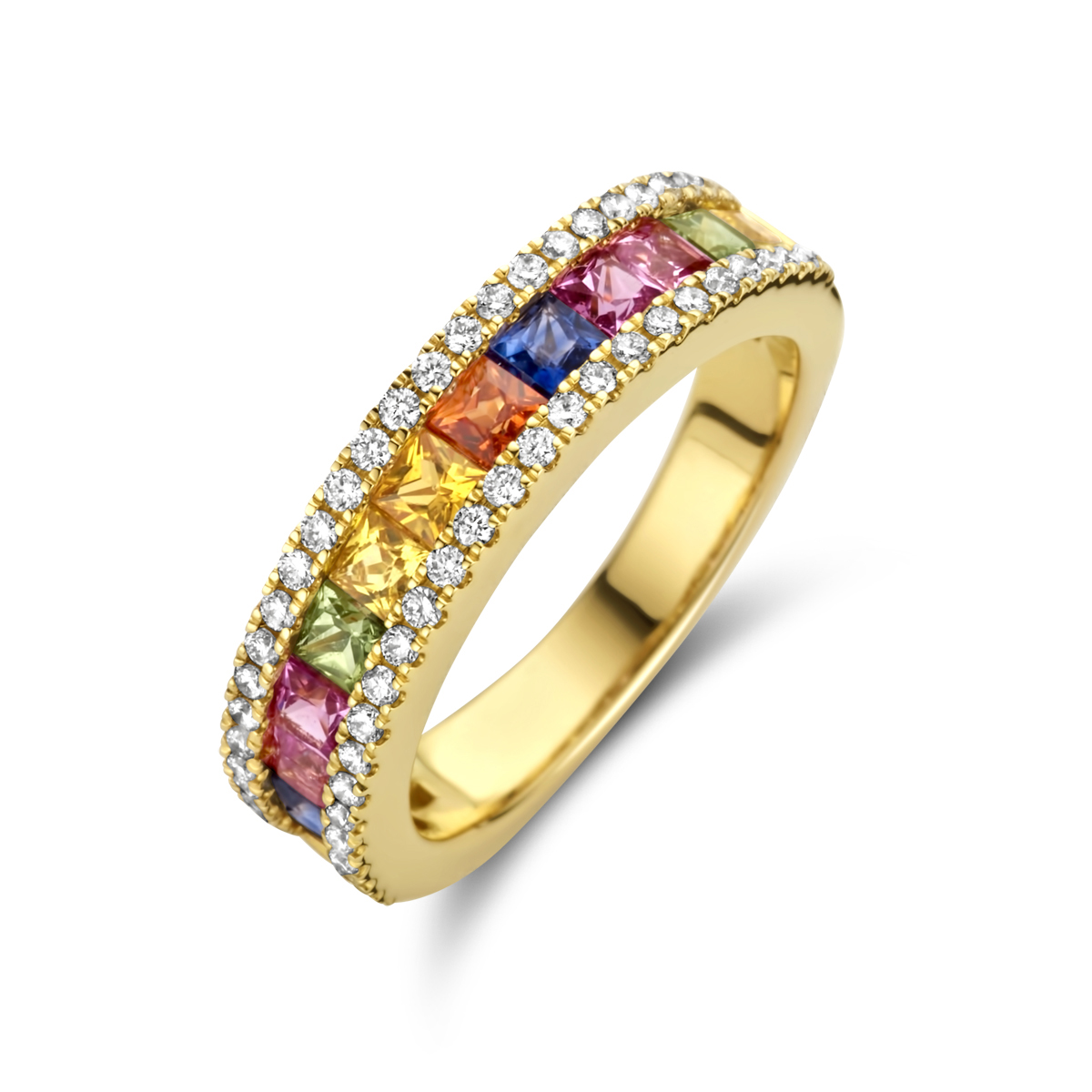 gouden ring,  regenboog saffier+0.30ct briljant mt54