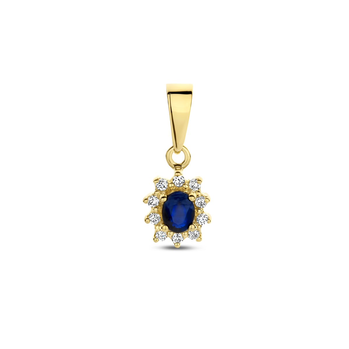 Beschrijving: Hanger in de stijl van de bekende verlovingsring van prinses Diana. Sieraden met Koninklijke allure. Details: Geelgouden hanger met een rozet van saffier en zirkonia. De hanger is onderdeel van een set. 
Verpakt per: 1
Doelgroep: dames
Breedte: 7 mm
Hoogte: 10 mm