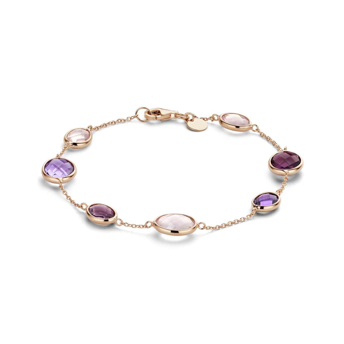 14k Rosegouden armband met verschillende stenen zoals: roze kwarts, rhodoliet en amethyst. De stenen hebben per stuk een steengewicht van ongeveer 1.10ct (kleine stenen) en 1.80ct (grote stenen). De armband heeft een draaglengte van 19cm. De schakelbreedte is 1.2mm.