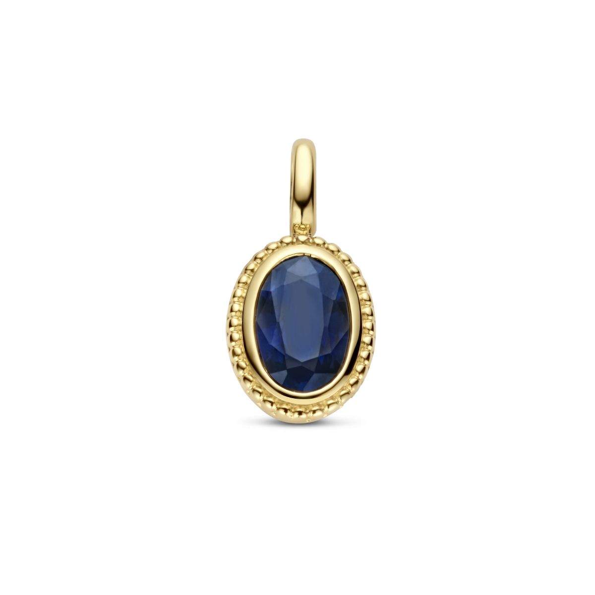 14k Geelgouden hanger uitgevoerd met schitterende saffier. De hanger heeft een totale hoogte van 12mm. De saffier heeft een steengewicht van 0.62ct.
