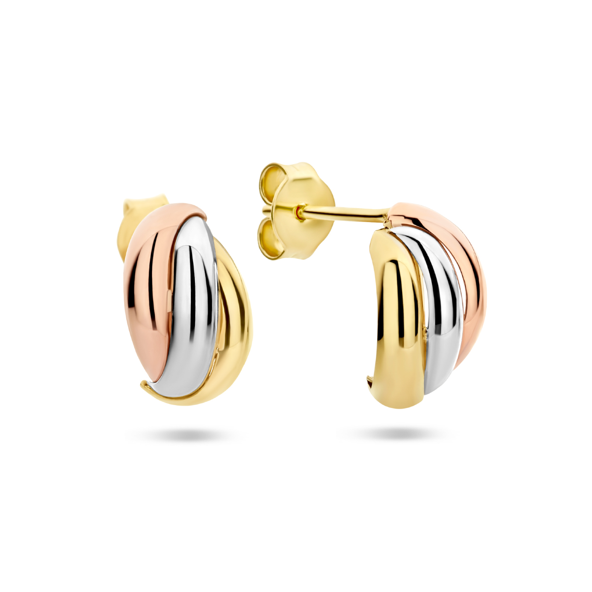 14k Tri-color wit-, rose- en geelgouden stekeroorringen met een diameter van 11.5mm.