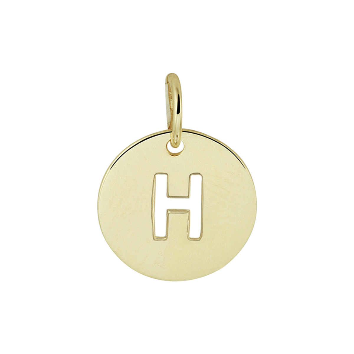 Geelgouden ronde letter H hanger. De hanger heeft een diameter van 10mm en een totale hoogte van 13mm. Tip: Combineer deze betekenisvolle hanger met een bijpassend collier en geef deze cadeau aan een speciaal persoon.