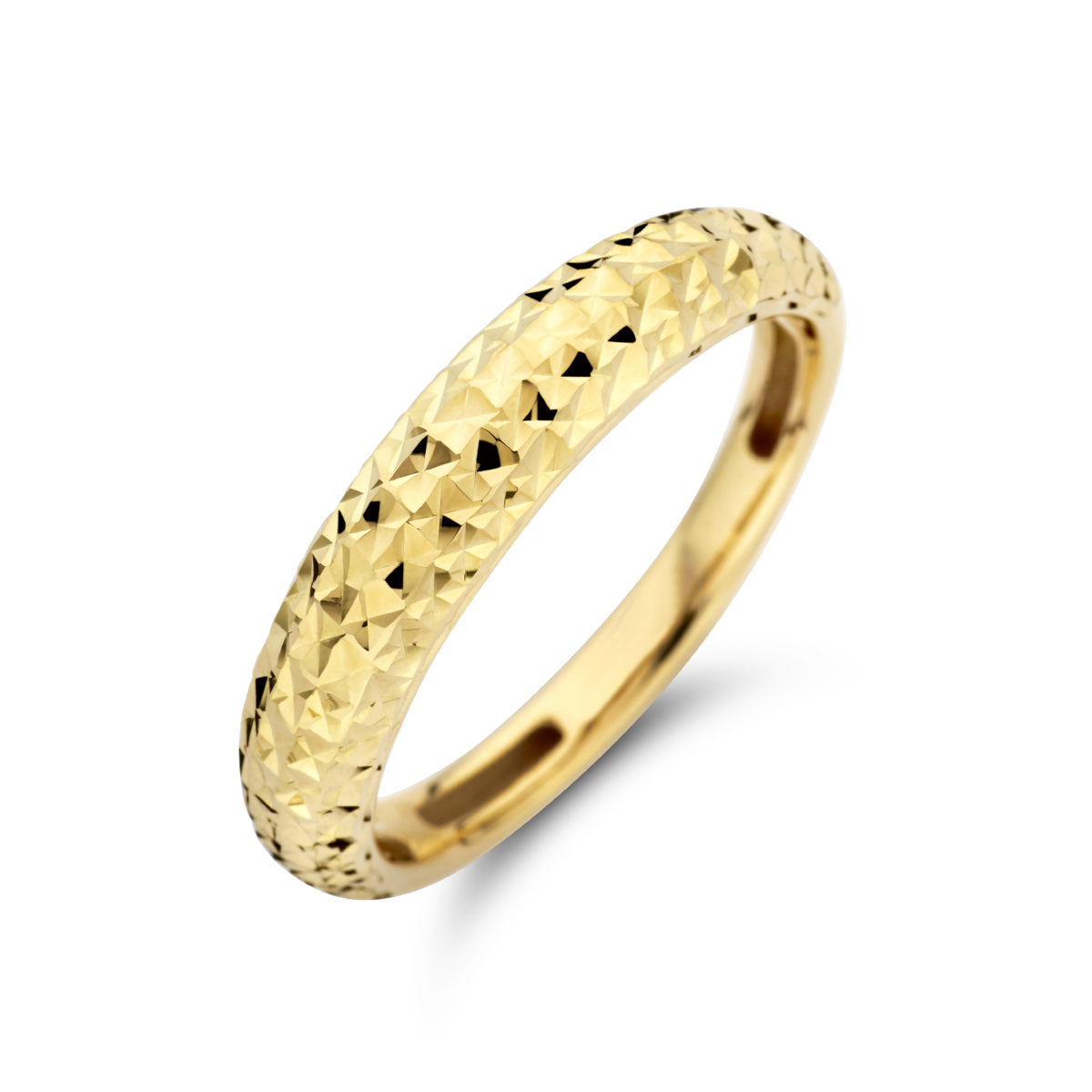 14k Geelgouden ring met een gediamanteerde afwerking. De ring heeft een breedte van 4.5mm. De ring voelt comfortabel aan door de opengewerkte bodem.