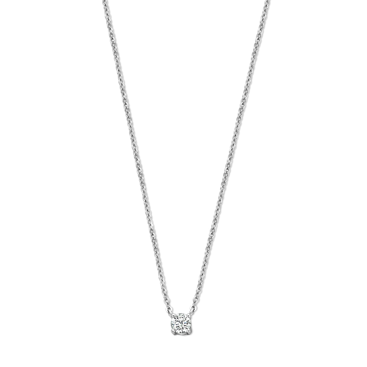 Gerhodineerd 925 zilveren collier uitgevoerd met zirkonia. Het collier heeft een schakelbreedte van 1.3mm en een draaglengte van 41.5cm met 3cm extensie.