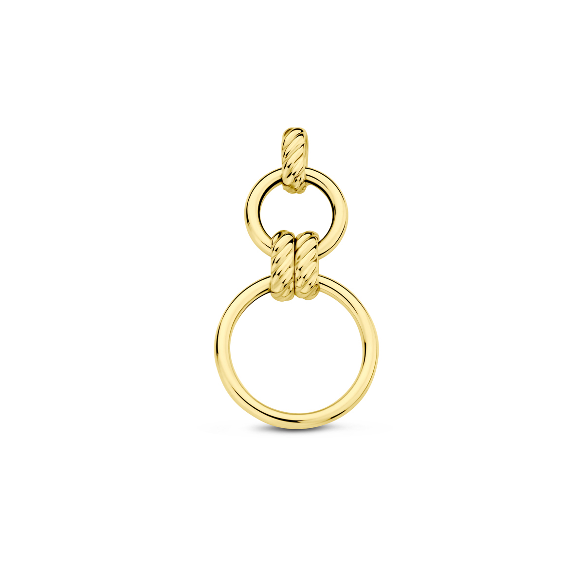 14k Geelgouden hanger uitgevoerd met twee cirkels. De hanger heeft een totale hoogte van 38mm.