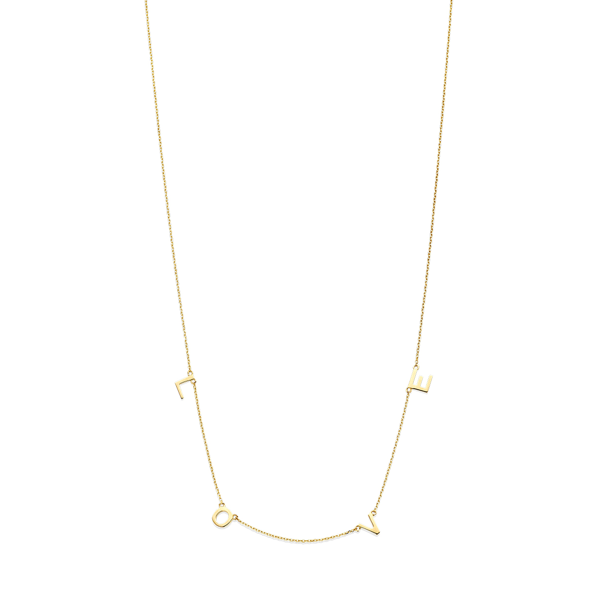 14k Geelgouden collier uitgevoerd met de letters LOVE. De draaglengtes zijn 38, 40 en 42 cm. Uitgevoerd met veerring.