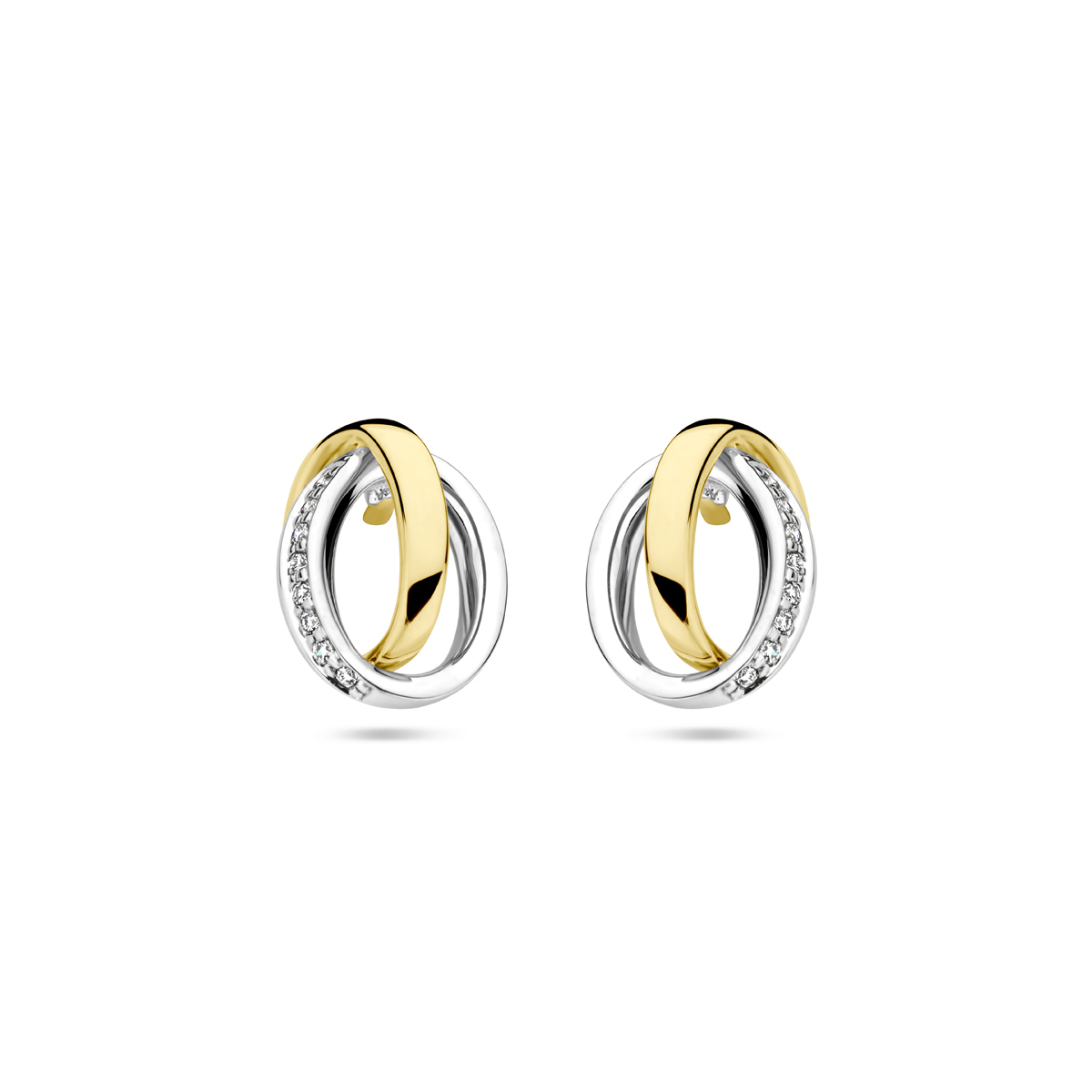 14k Bicolor geel- en witgouden oorknoppen met een afmeting van 10.5x7.5mm. Uitgevoerd met een schitterende diamant rij.