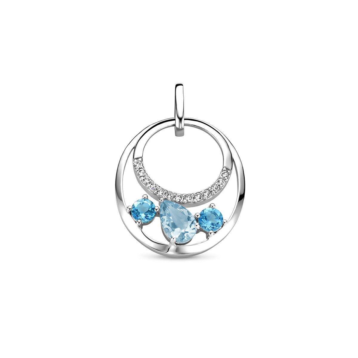Gerhodineerd 925 zilveren hanger uitgevoerd met blauw en wit topaas. De hanger heeft een  totale hoogte van 24mm.
