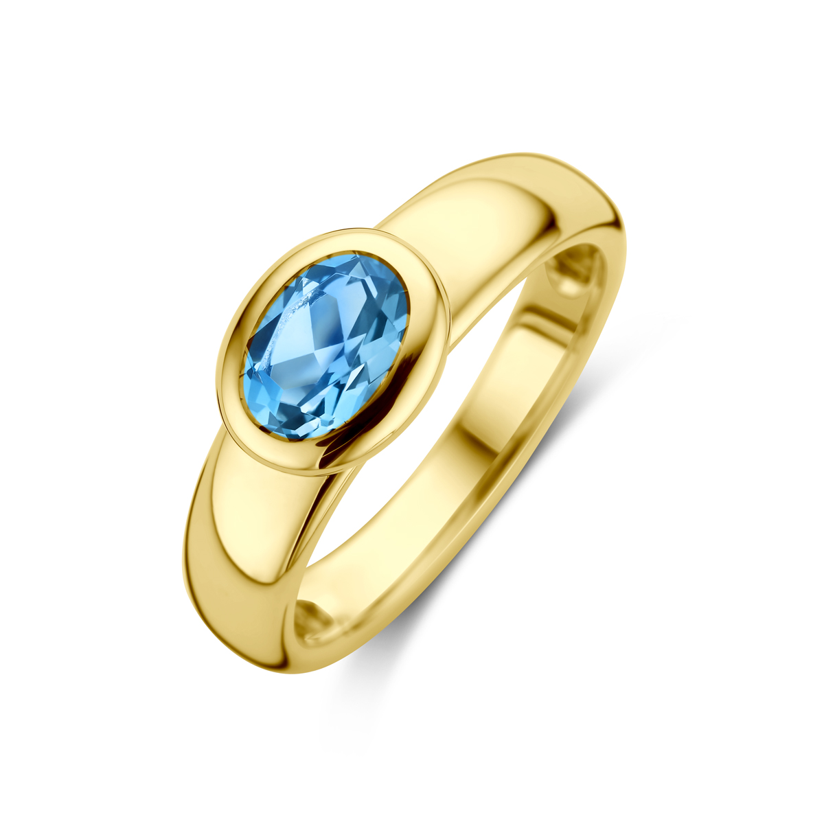 gouden ring, bol+ovaal blauw topaas mt55