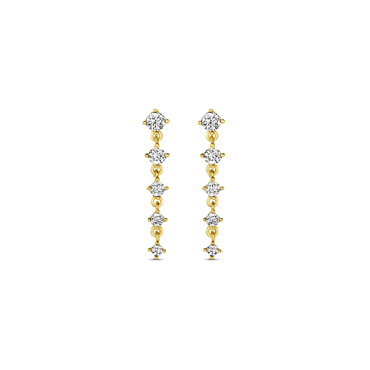 14k Geelgouden oorhangers uitgevoerd met zirkonia. De oorhangers hebben een afmeting van 19x3mm.