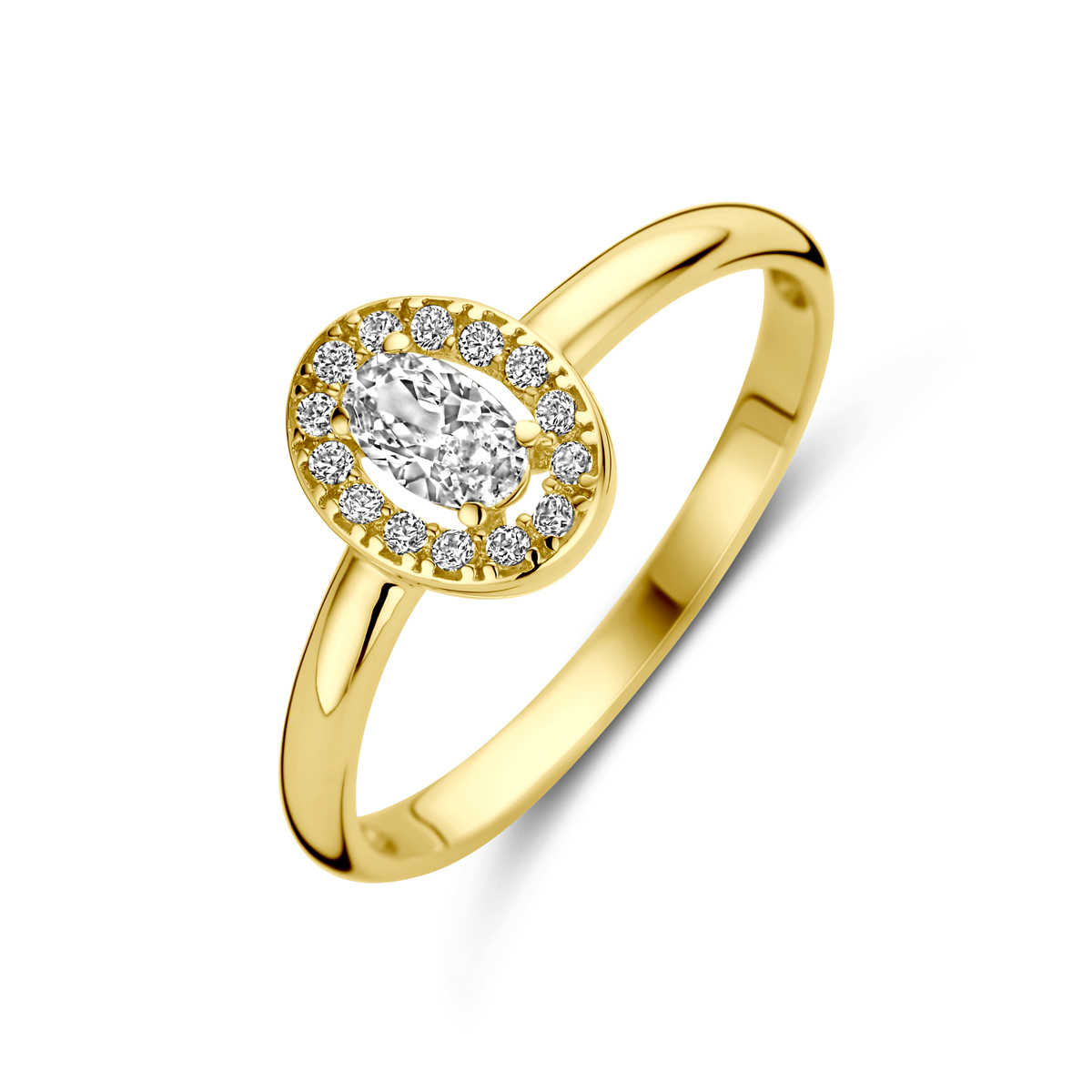 14k Geelgouden ring uitgevoerd met zirkonia. De ring heeft een afmeting van 8.5x6.5mm.

