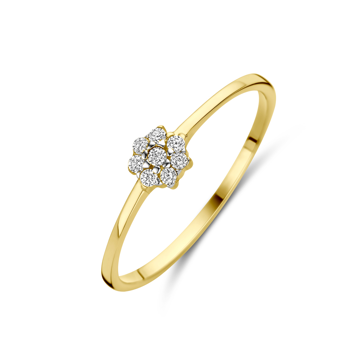 14k Geelgouden ring uitgevoerd met zirkonia. De ring heeft een breedte van 4.5mm.