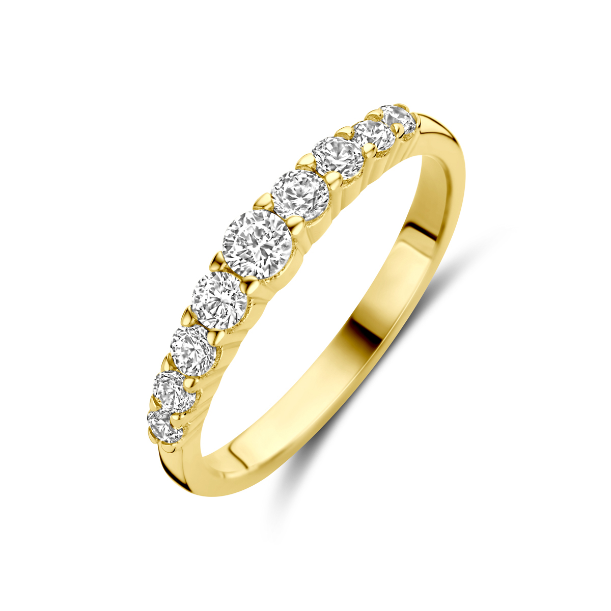 14k Geelgouden ring uitgevoerd met zirkonia. De ring heeft een breedte van 3mm.