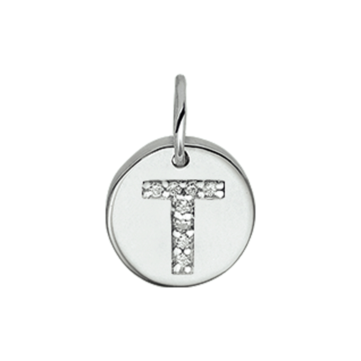 Beschrijving: Gerhodineerd zilveren bedel met de letter T en zirkonia. 
Uniekenummer serie: 35761
Verpakt per: 1
Doelgroep: unisex
Breedte: 9.5 mm
Zetting: entourage (rijzetting)