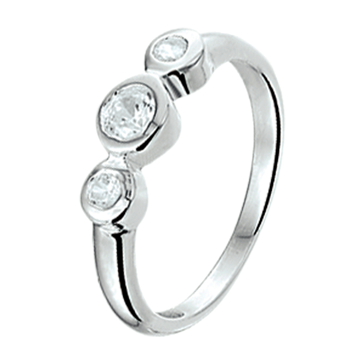 Trendy gerhodineerd zilveren ring van 4.4mm breed en uitgevoerd met drie briljant geslepen zirkonia in een stevige zetkast. De ring is verkrijgbaar in verschillende maten. Tip: Perfect kado voor jonge meiden die willen stralen met trendy sieraden! INFO: Gerhodineerd zilver is door de rhodiumlaag beter bestand tegen verkleuren en krassen.