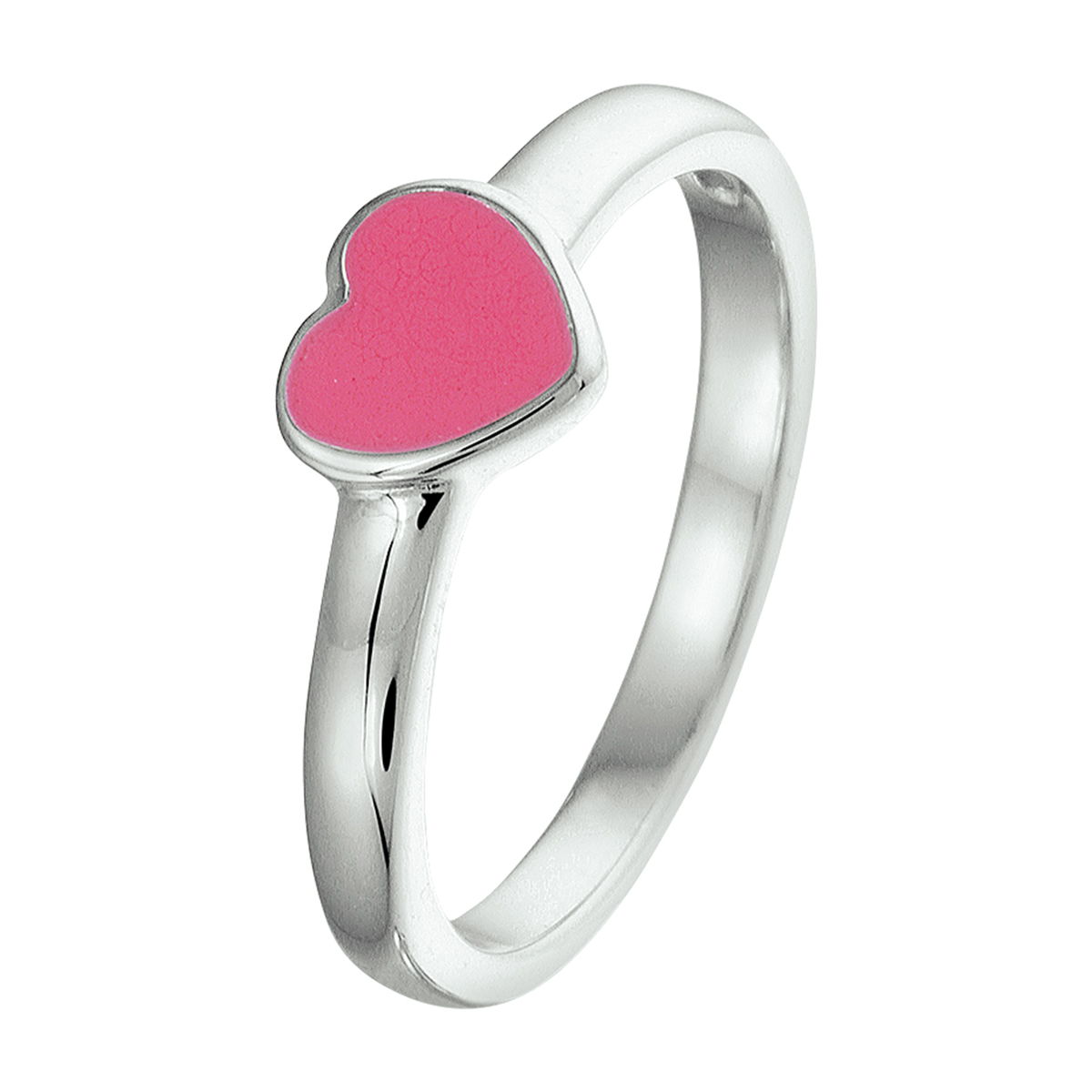 Schattige gerhodineerd zilveren ring met een hartje in donkerroze emaille. De ring heeft een breedte van 5.5mm en is goed te combineren met bijpassende sieraden uit onze collectie. Tip: Leuk om kado te geven! Info: Gerhodineerd zilver is door de rhodiumlaag beter bestand tegen verkleuren en krassen.