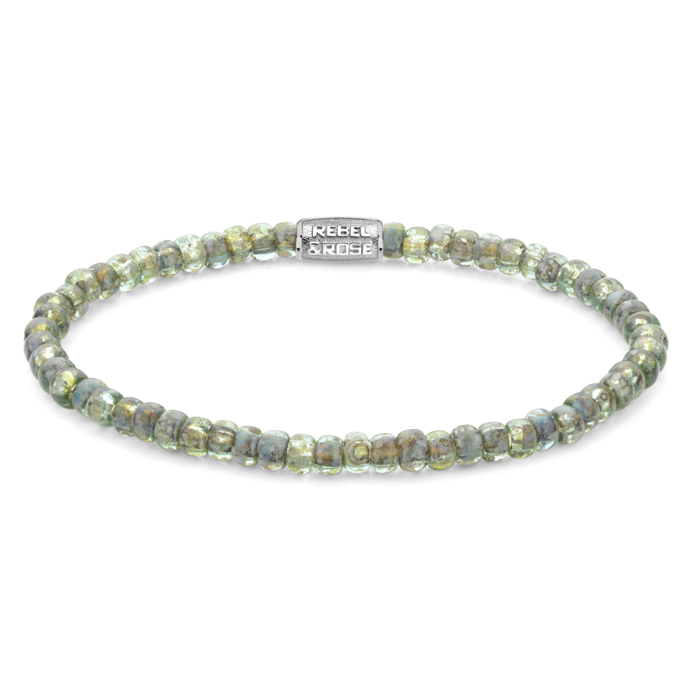Natuurstenen armband van het merk Rebel & Rose. De armband heeft een hoogwaardige elastische stretch koord, 4mm Howlite White natuurstenen beads en RVS slotje