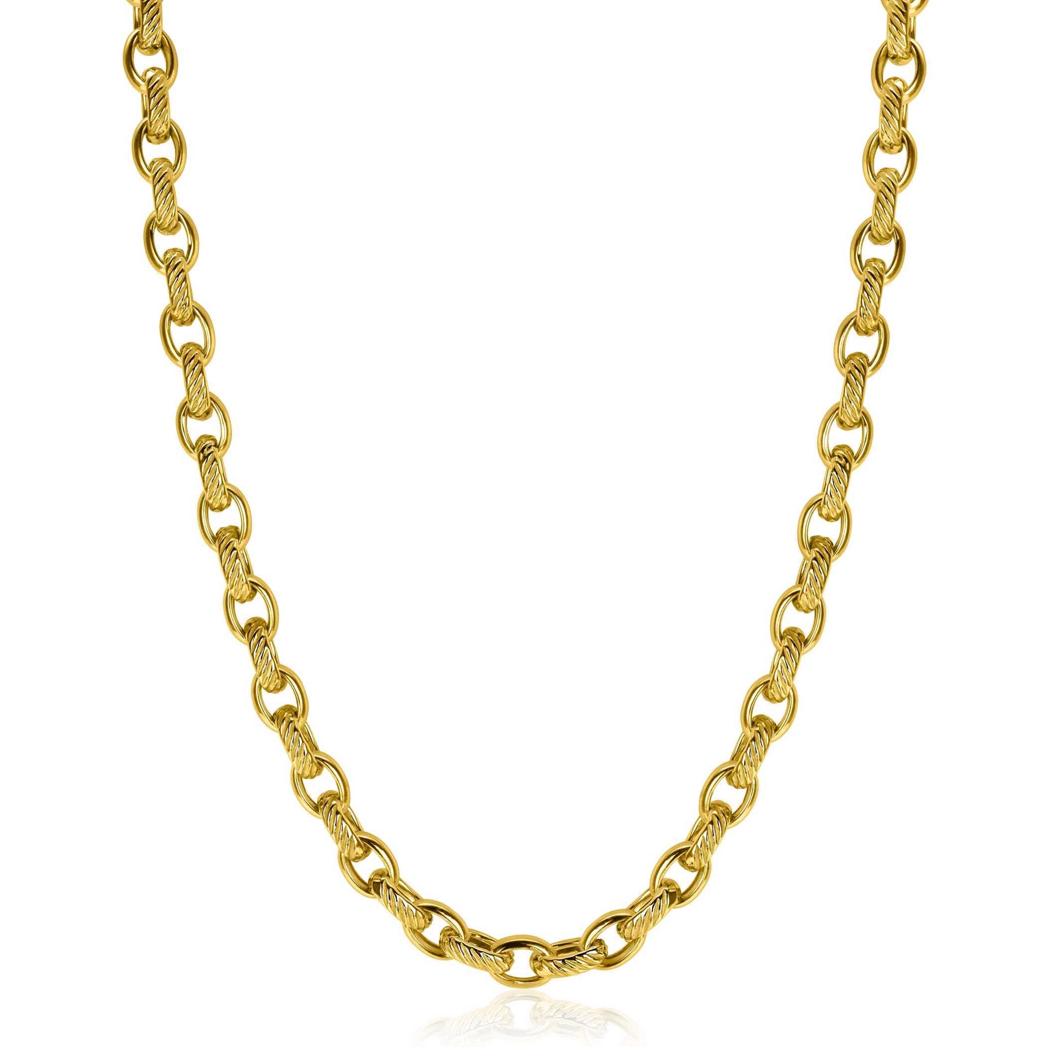 ZINZI gold plated zilveren brede schakelketting (6mm breed) met luxe jasseron schakels in glad en bewerkt. De lengte van de ketting is 45cm. Met stevige en gemakkelijke karabijnsluiting. Vervaardigd van eerste gehalte zilver (925) en extra geel verguld.