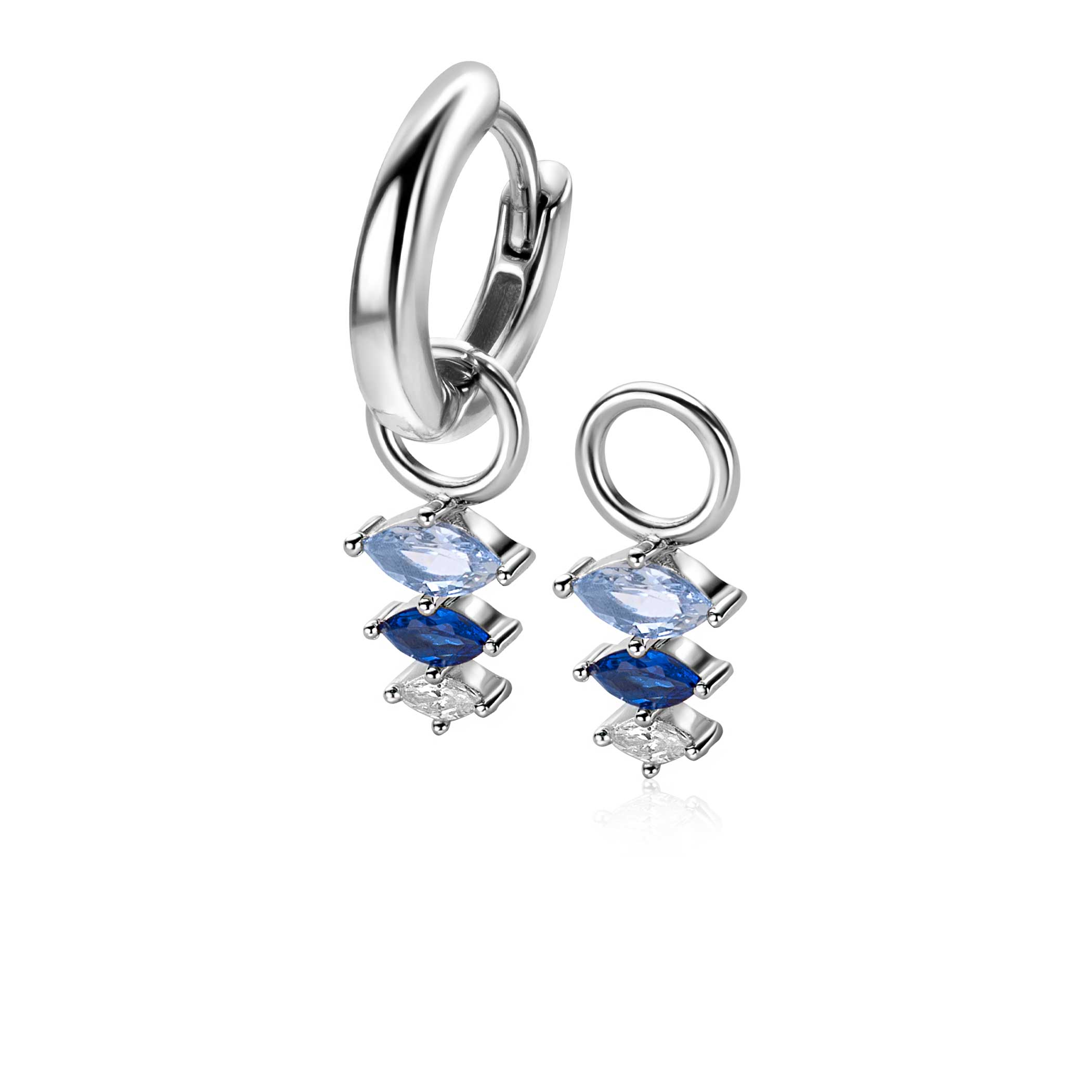 13mm ZINZI zilveren oorbedels met drie peervormige zettingen in aflopende grootte, bezet met blauwe en witte kleurstenen ZICH2631B (Exclusief oorringen)