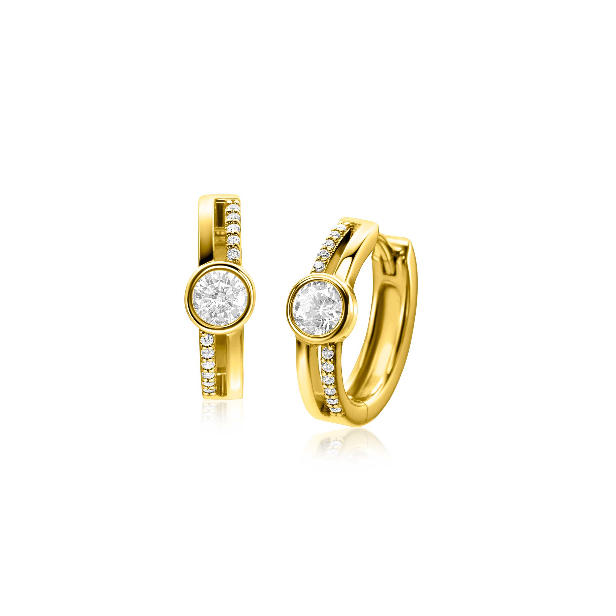 ZINZI gold plated zilveren oorringen (15,5x5mm) met ronde kastzetting en multilook uitstraling door de twee banen. Bezet met witte zirconia's. Met luxe en gemakkelijke klapsluiting. De oorsieraden zijn vervaardigd van eerste gehalte zilver (925) en extra geel verguld.