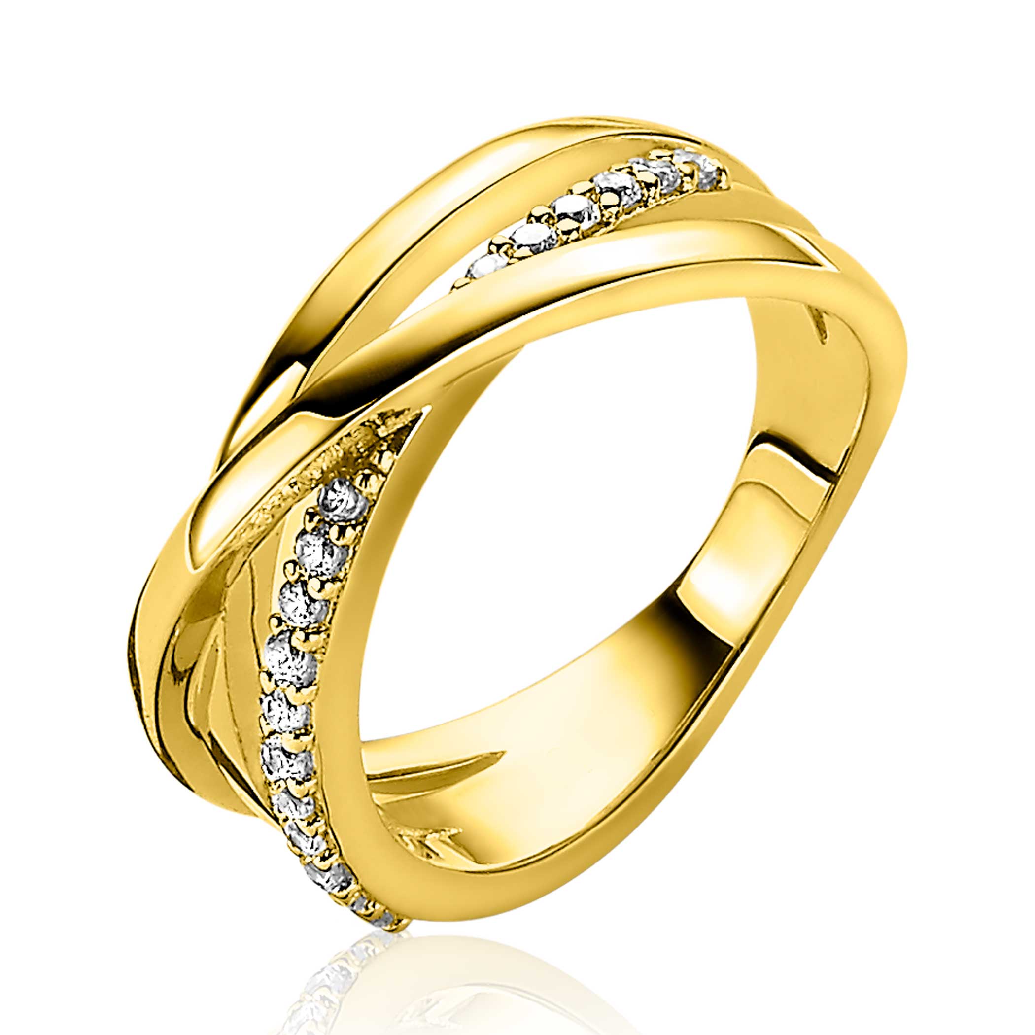 ZINZI gold plated zilveren luxe cross-over ring. Een mooie combinatie van drie ringen, waarbij de gladde ring over de vol bezette ring heen gaat. Vervaardigd van eerste gehalte zilver (925) en extra geel verguld.