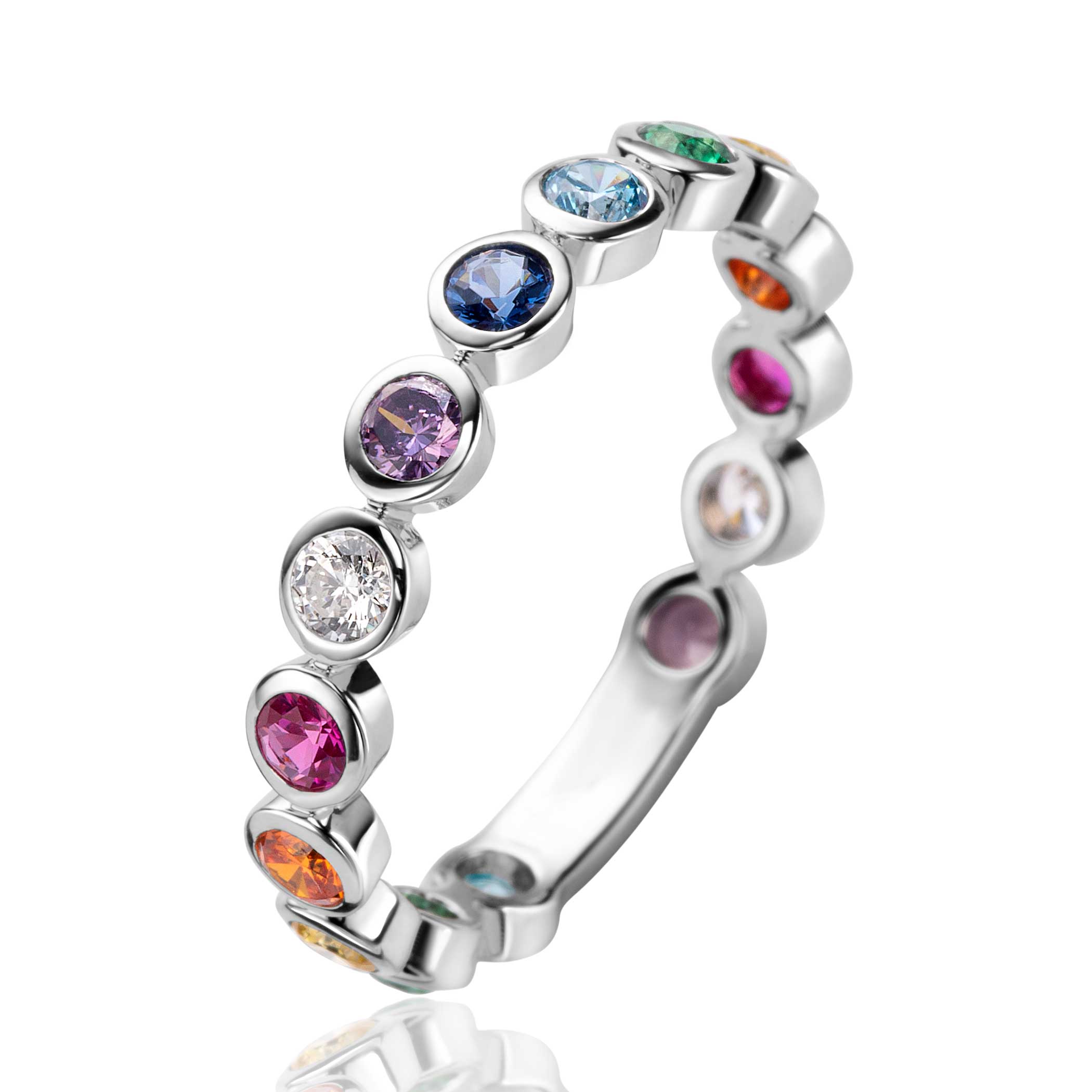 zilveren Zinzi ring, rondjes+regenboog zirc. mt56