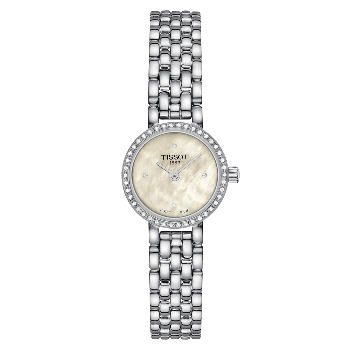De Tissot Lovely is een horloge van verfijnde elegantie en tijdloos design.

Alle Tissot Lovely-horloges zijn voorzien van krasbestendig saffierglas en worden aangedreven door een nauwkeurig Swiss Made quartz-uurwerk, zodat u dag en nacht de tijd kunt bijhouden.

Dit model heeft een 316L roestvrijstalen kast. Een diamant vormt de uurmarkeringen op 12, 3, 6 en 9 uur. Het horloge heeft ook een ring bezet met nog eens 42 diamanten voor sprankelende schittering. De stevige maar toch flexibele 316L roestvrijstalen armband houdt de Tissot Lovely elegant en veilig om de pols.

Diameter:19.5 mm
diamanten
Zwitsers kwartsuurwerk
Krasbestendig saffierglas
Parelmoer wijzerplaat
