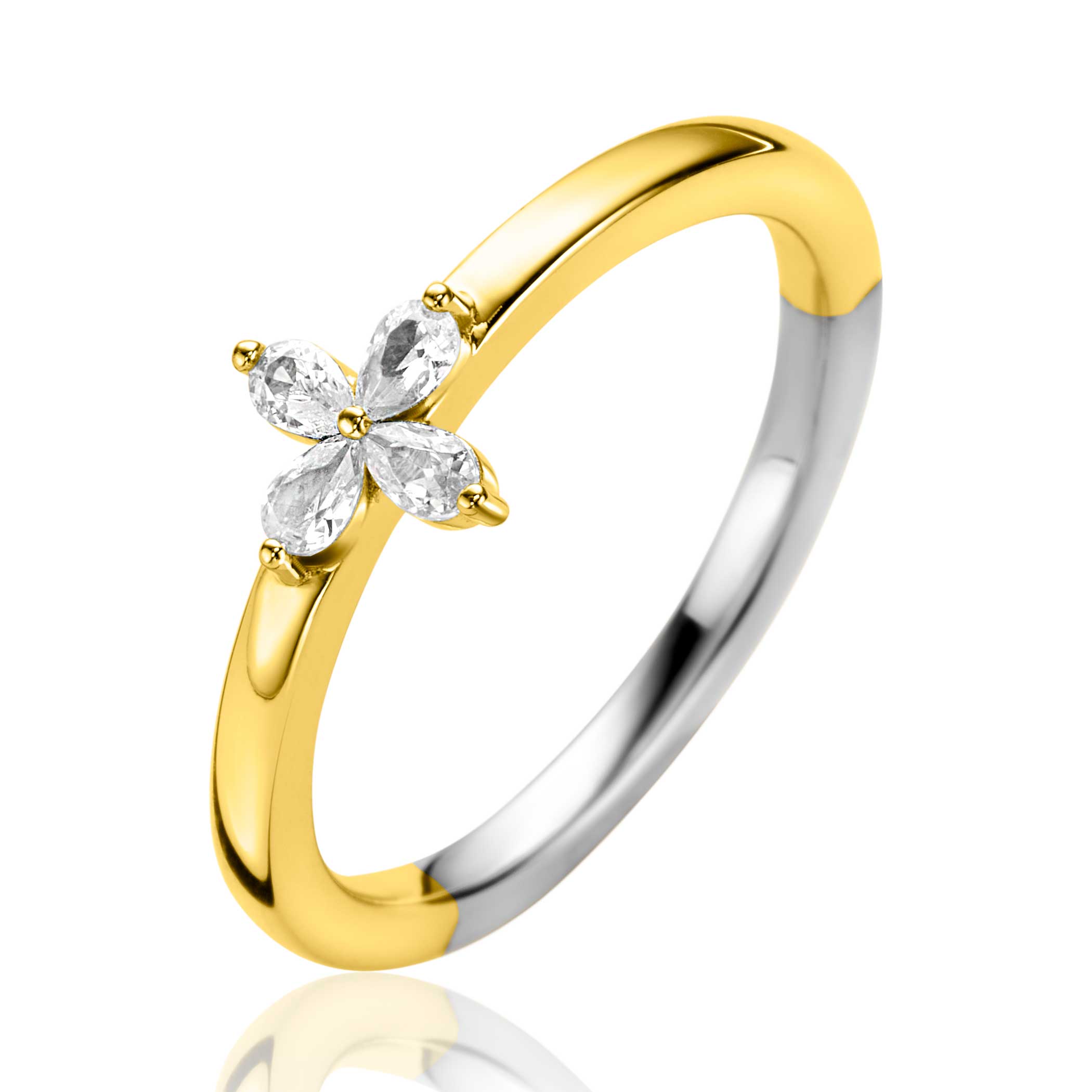 ZINZI gold plated zilveren ring met bloem (7,5mm), bezet met vier druppelvormige witte zirconia's. Vervaardigd van eerste gehalte zilver (925) en extra geel verguld.